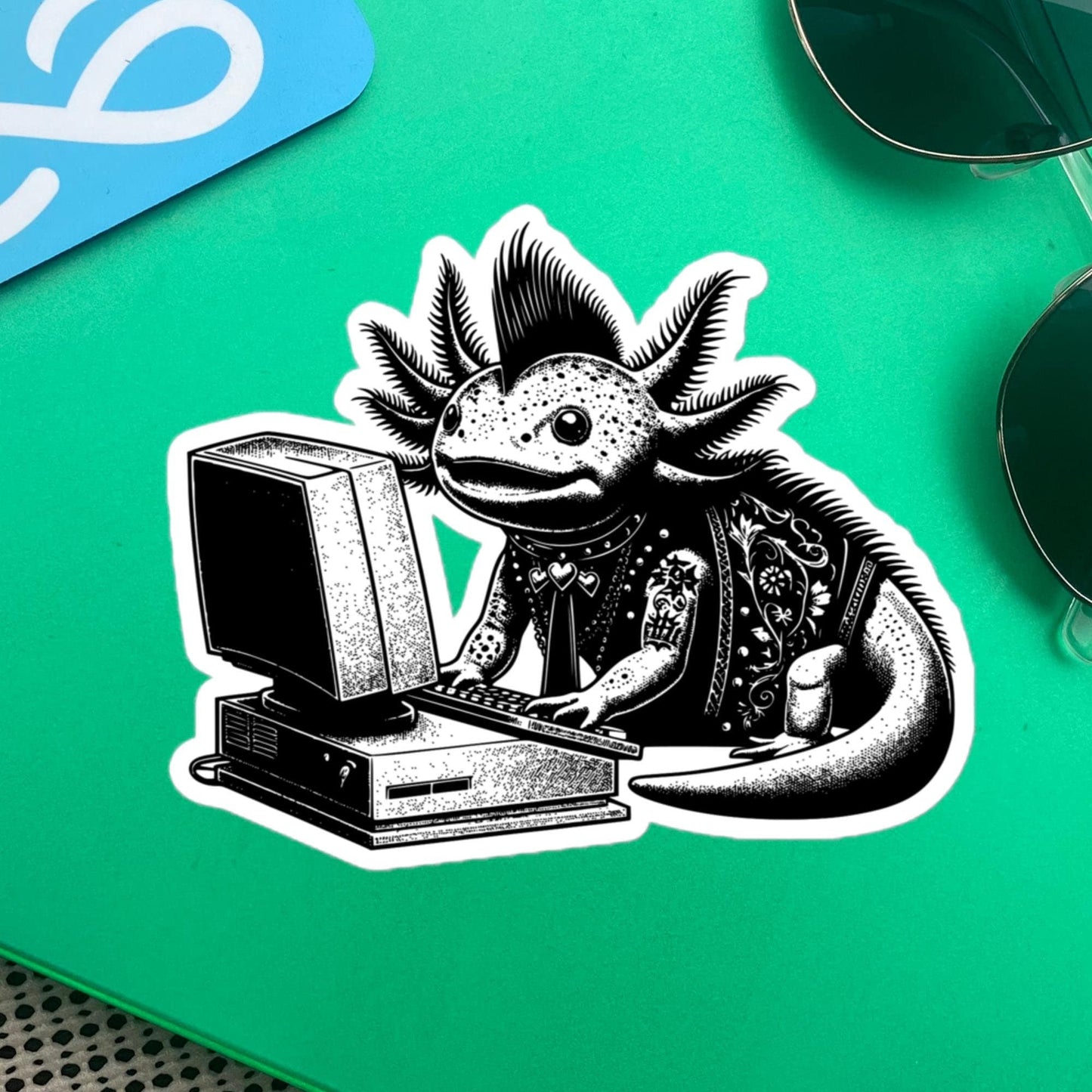 Punk Rock Axolotl on Computer Sticker, Cyberpunk Axolotl with Tech Sticker, Weirdcore Weird Stuff, Original Steampunk Warcore Art