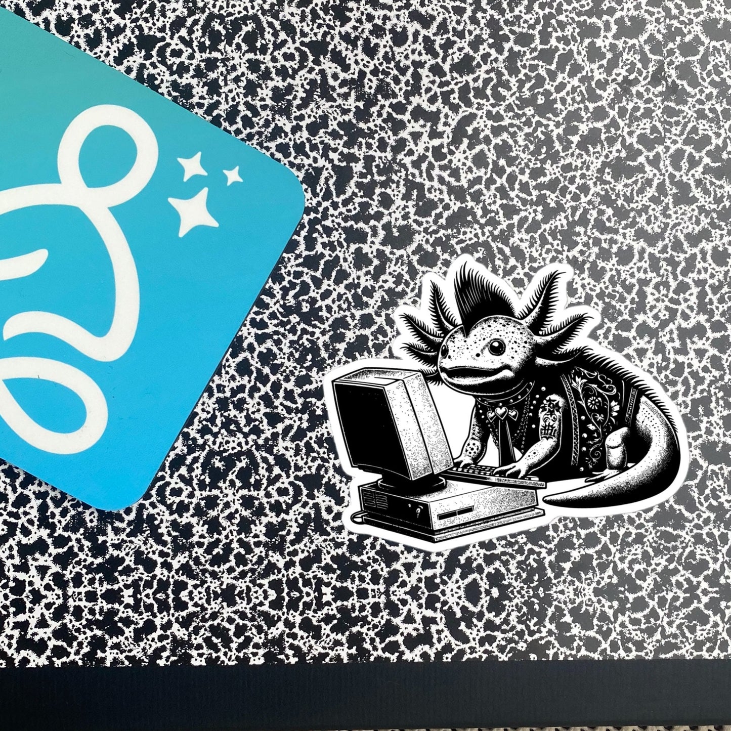 Punk Rock Axolotl on Computer Sticker, Cyberpunk Axolotl with Tech Sticker, Weirdcore Weird Stuff, Original Steampunk Warcore Art