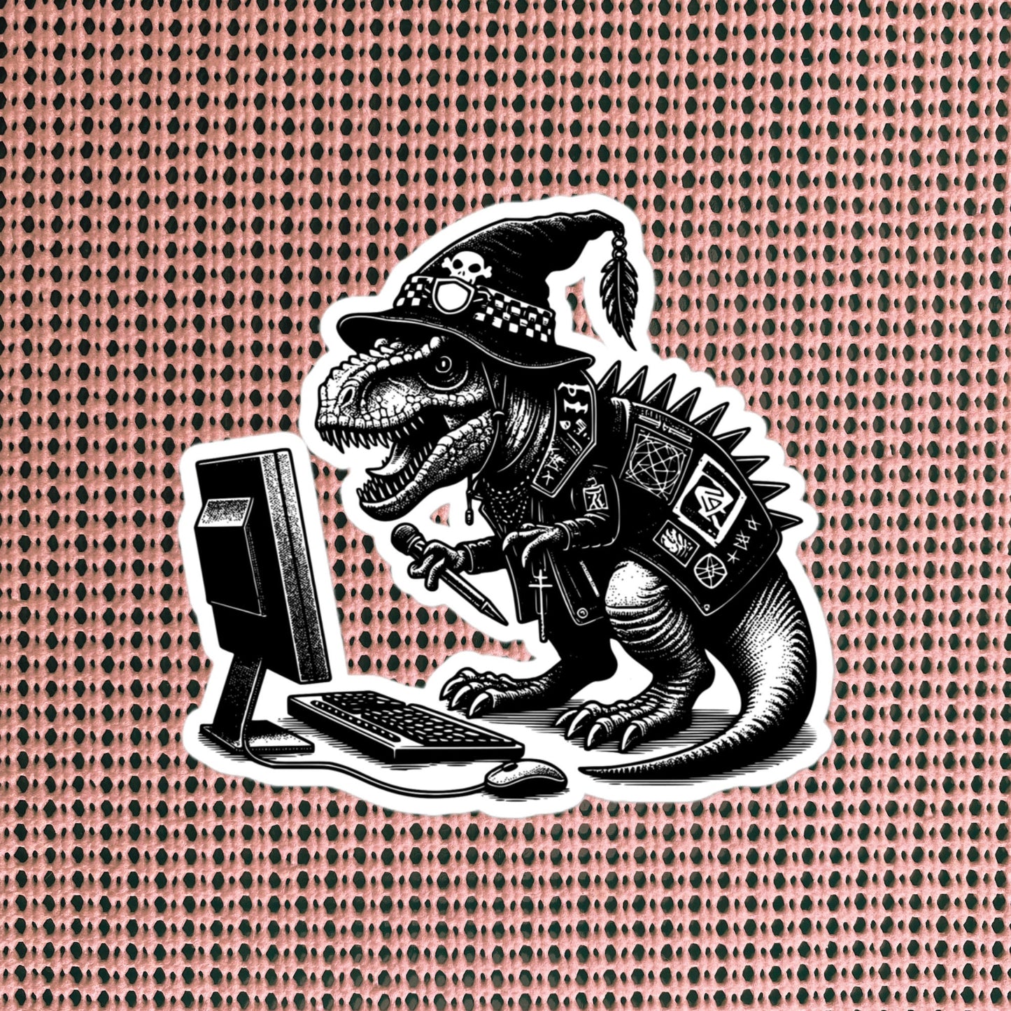 Punk Rock T-Rex on Computer Sticker, Cyberpunk Dinosaur with Tech Sticker, Weirdcore Weird Stuff, Original Steampunk Warcore Art