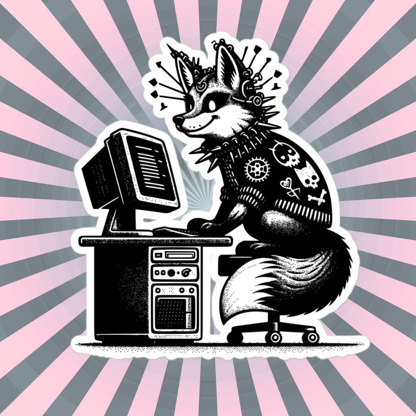Punk Rock Fox on Computer Sticker, Cyberpunk Fox with Tech Sticker, Weirdcore Weird Stuff, Original Steampunk Warcore Art