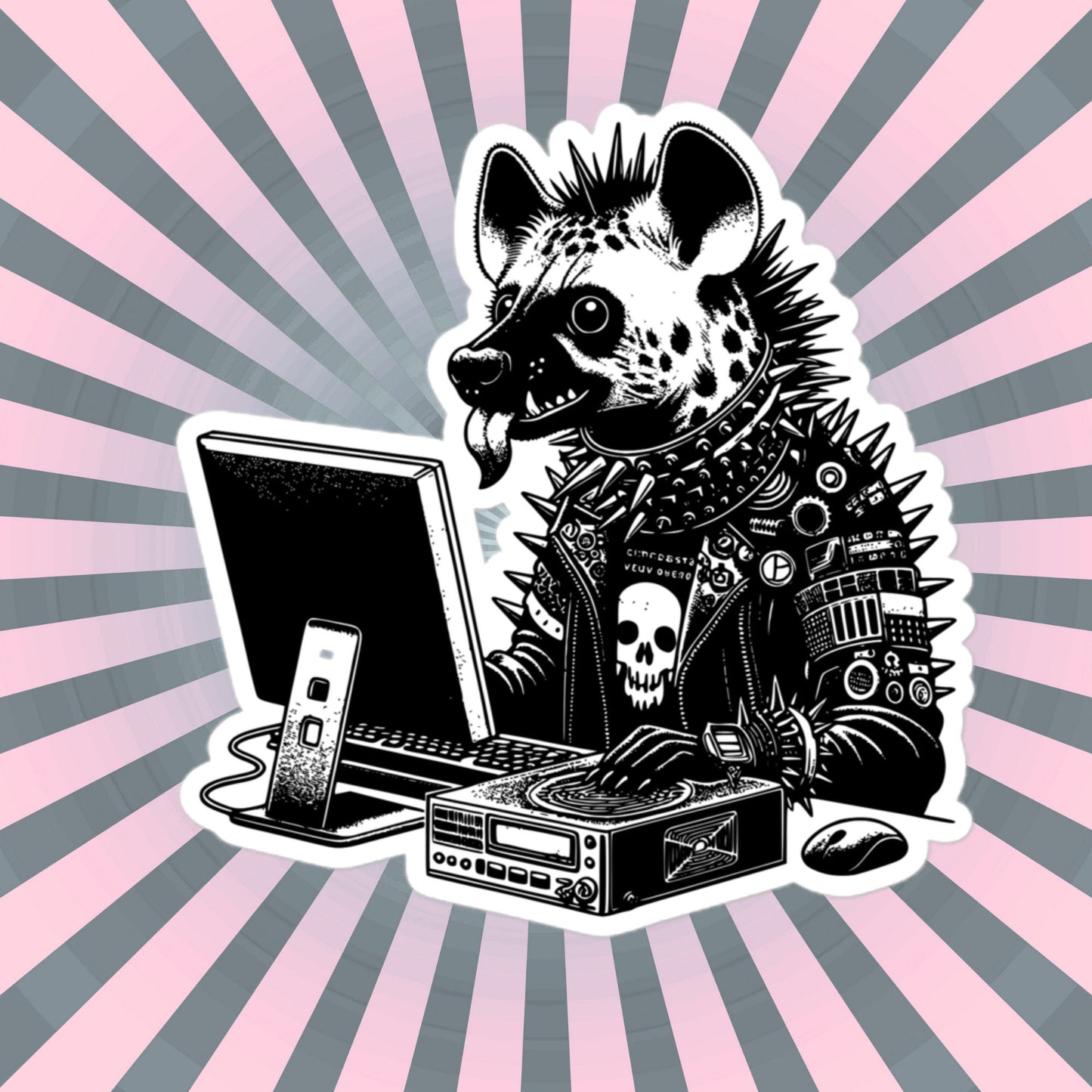 Punk Rock Hyena on Computer Sticker, Cyberpunk Hyena with Tech Sticker, Weirdcore Weird Stuff, Original Steampunk Warcore Art