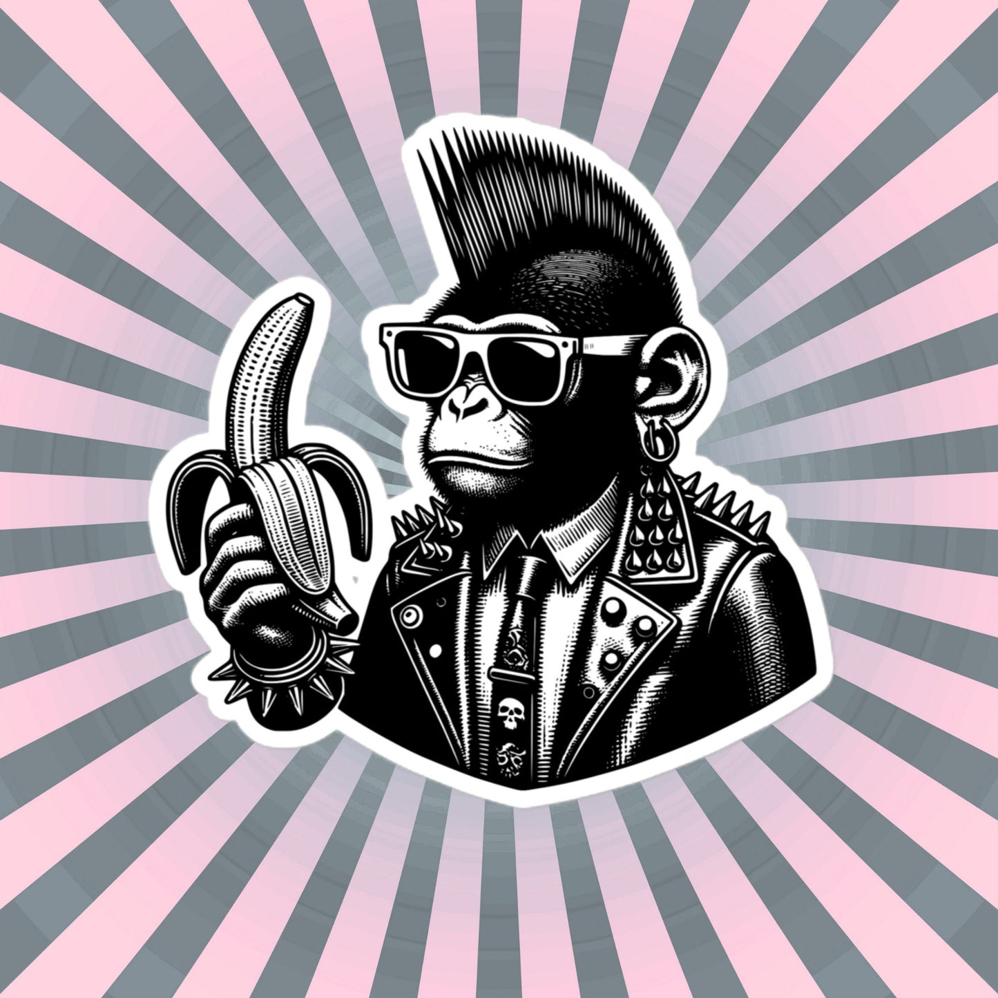 Punk Rock Monkey with Banana Energy Sticker, Weirdcore Cyberpunk Chimp Sticker, Original Design Unique Sticker Weird Stuff Gift