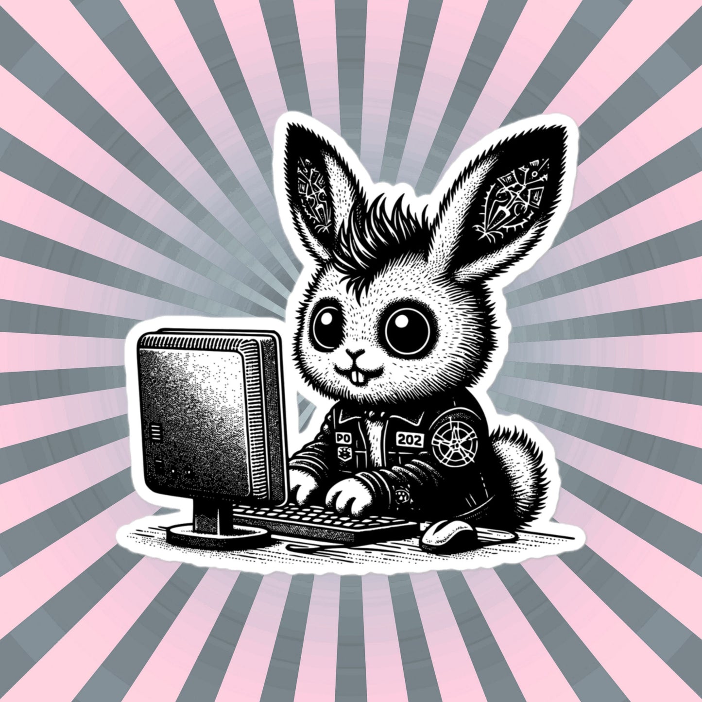 Punk Rock Bunny on Computer Sticker, Cyberpunk Rabbit with Tech Sticker, Weirdcore Weird Stuff, Original Design Gift