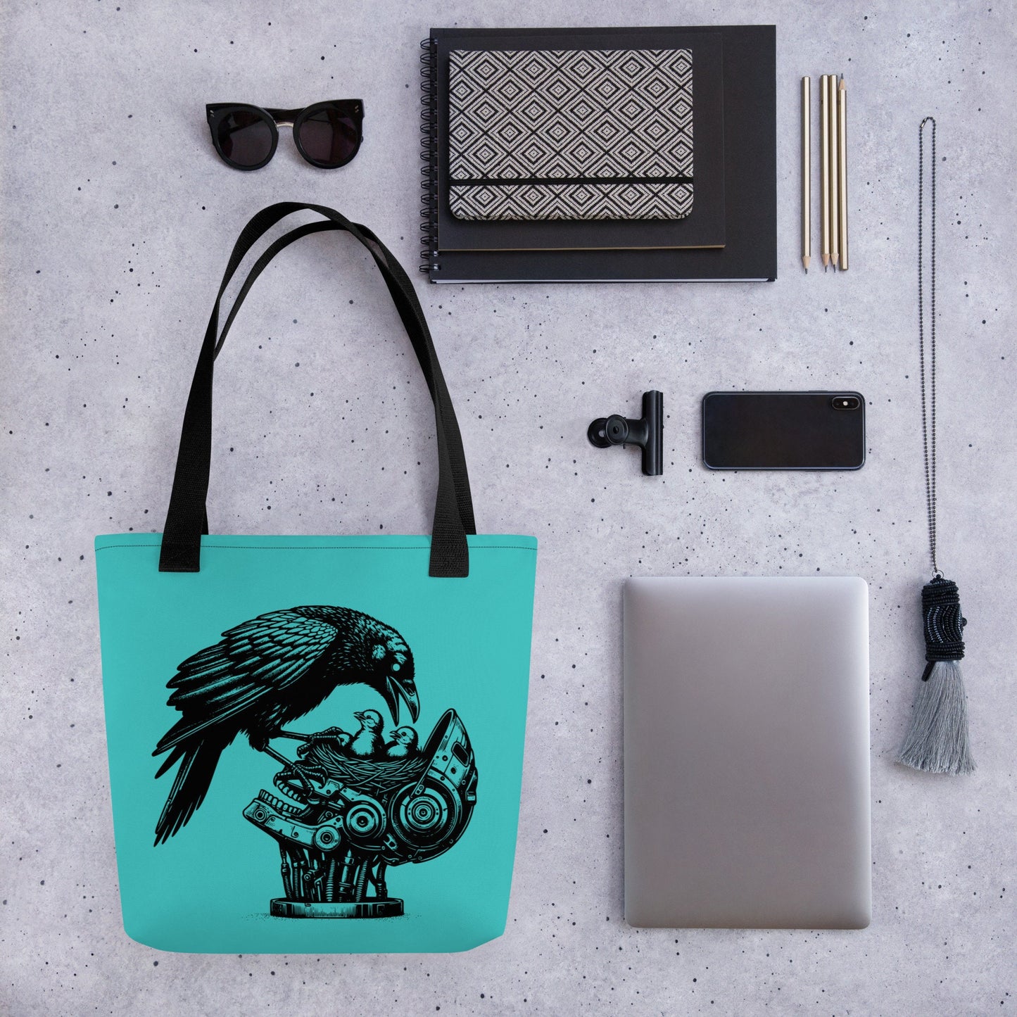 Aqua Blue & Black Pastel Goth Grunge Punk Raven Rewire Robot Tote Bag Animal vs Tech Gothic DreamSage Tote Bag