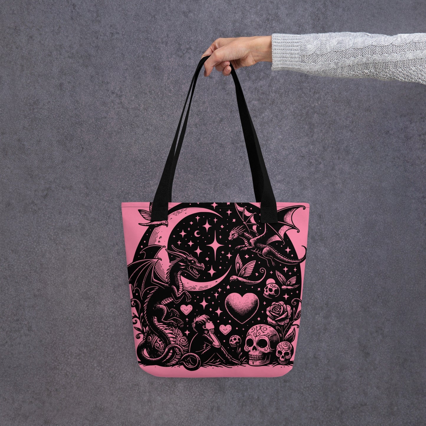 PINK Gothic Grunge Pastel Goth Moon Gazer Tote Bag, Ventcore Darkcore Weird Stuff Dark Aesthetic Tote Bag