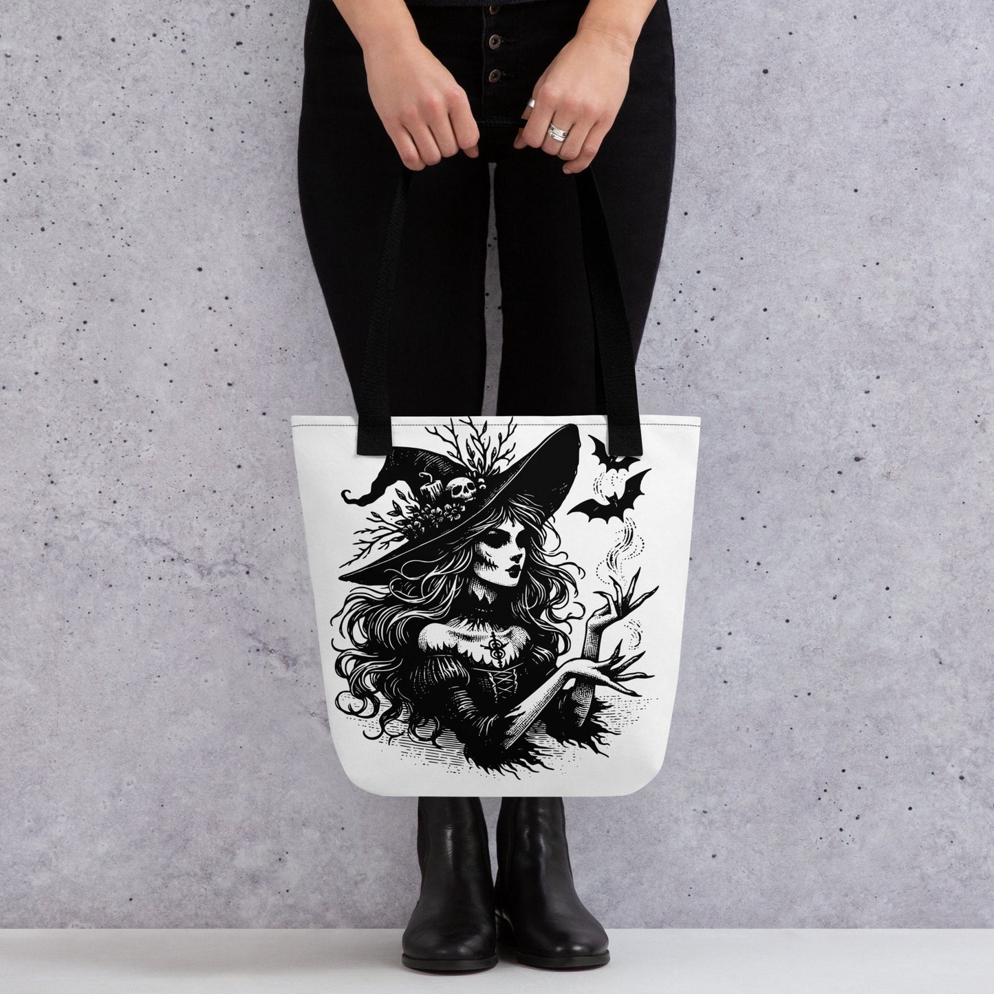 WHITE Gothic Grunge Pastel Goth Bats & Witch Tote Bag, Ventcore Darkcore Weird Stuff Dark Aesthetic Halloween Tote Bag