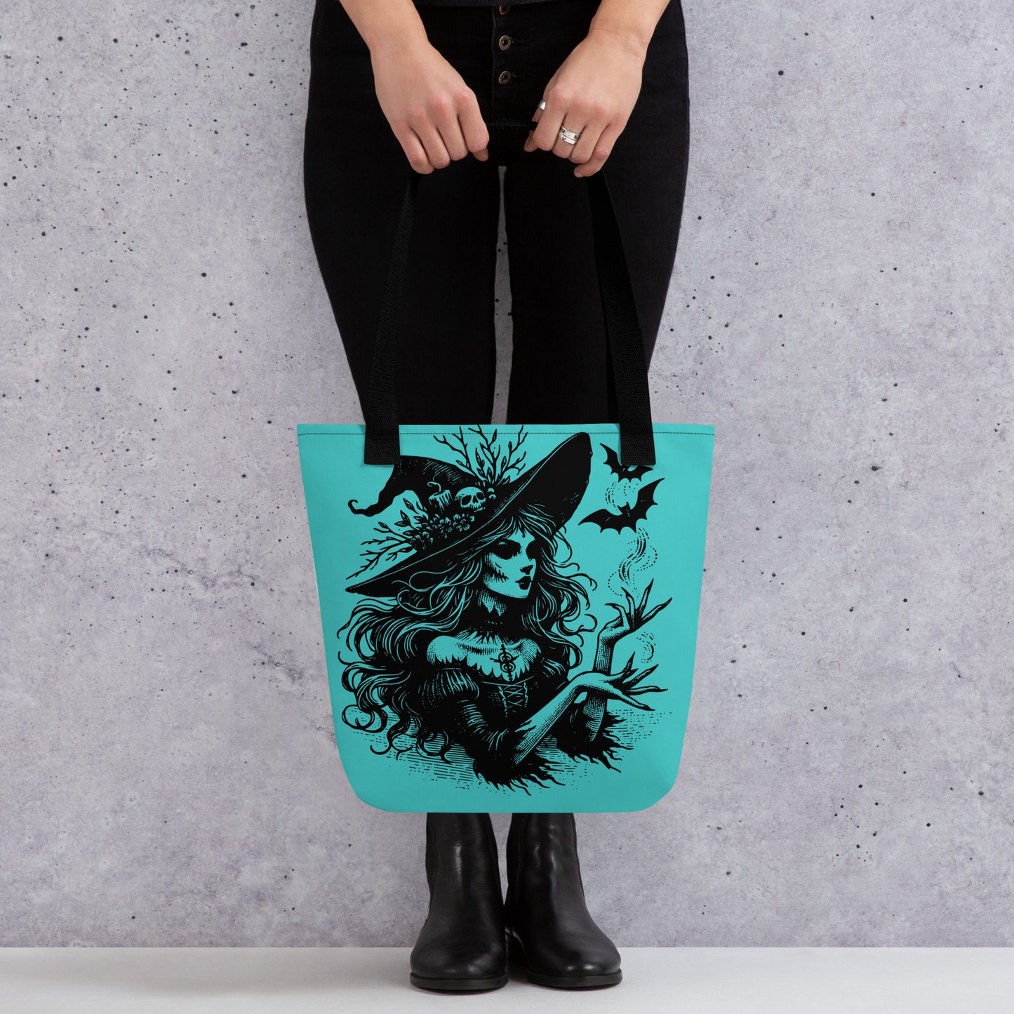 AQUA Gothic Grunge Pastel Goth Bats & Witch Tote Bag, Ventcore Darkcore Weird Stuff Dark Aesthetic Halloween Tote Bag