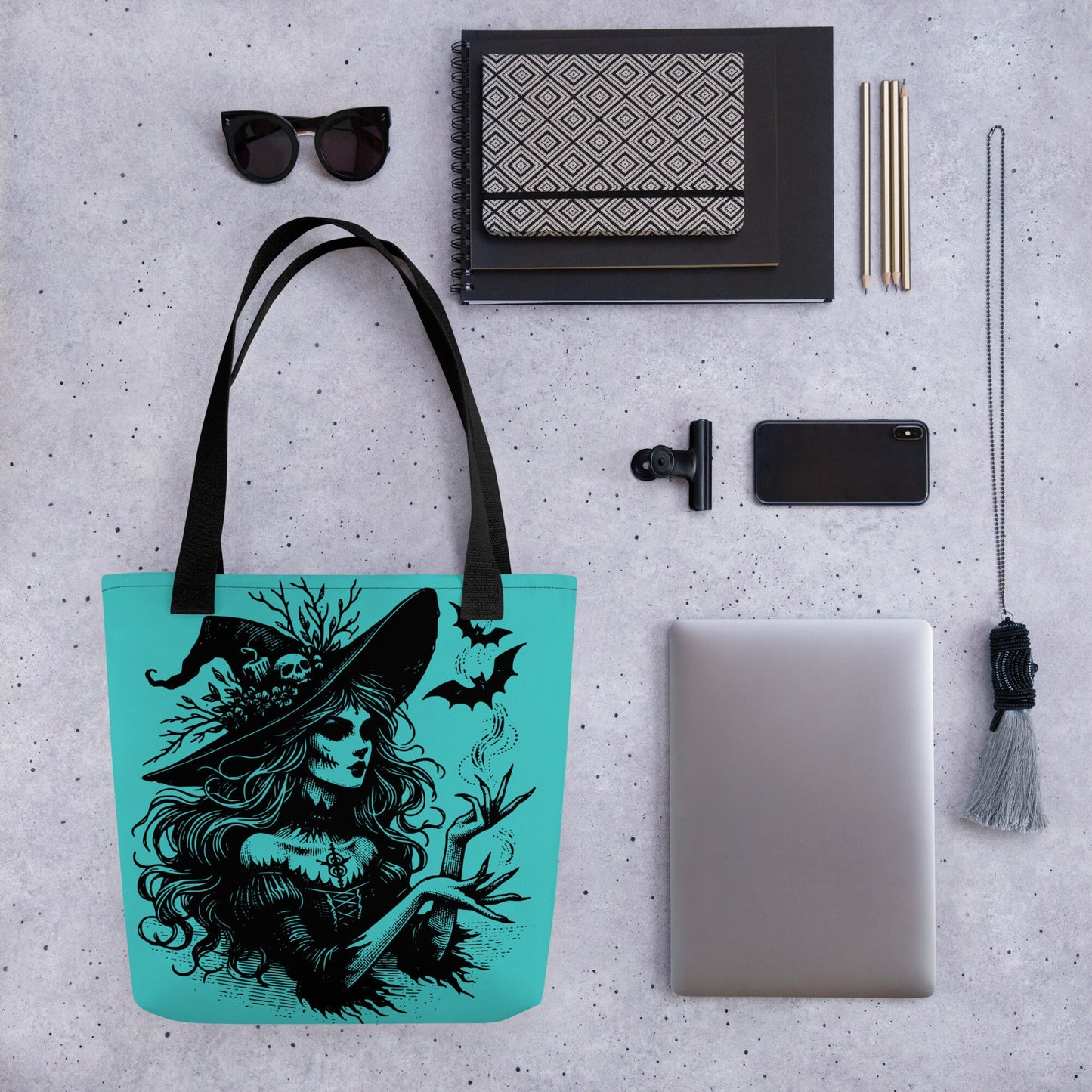 AQUA Gothic Grunge Pastel Goth Bats & Witch Tote Bag, Ventcore Darkcore Weird Stuff Dark Aesthetic Halloween Tote Bag