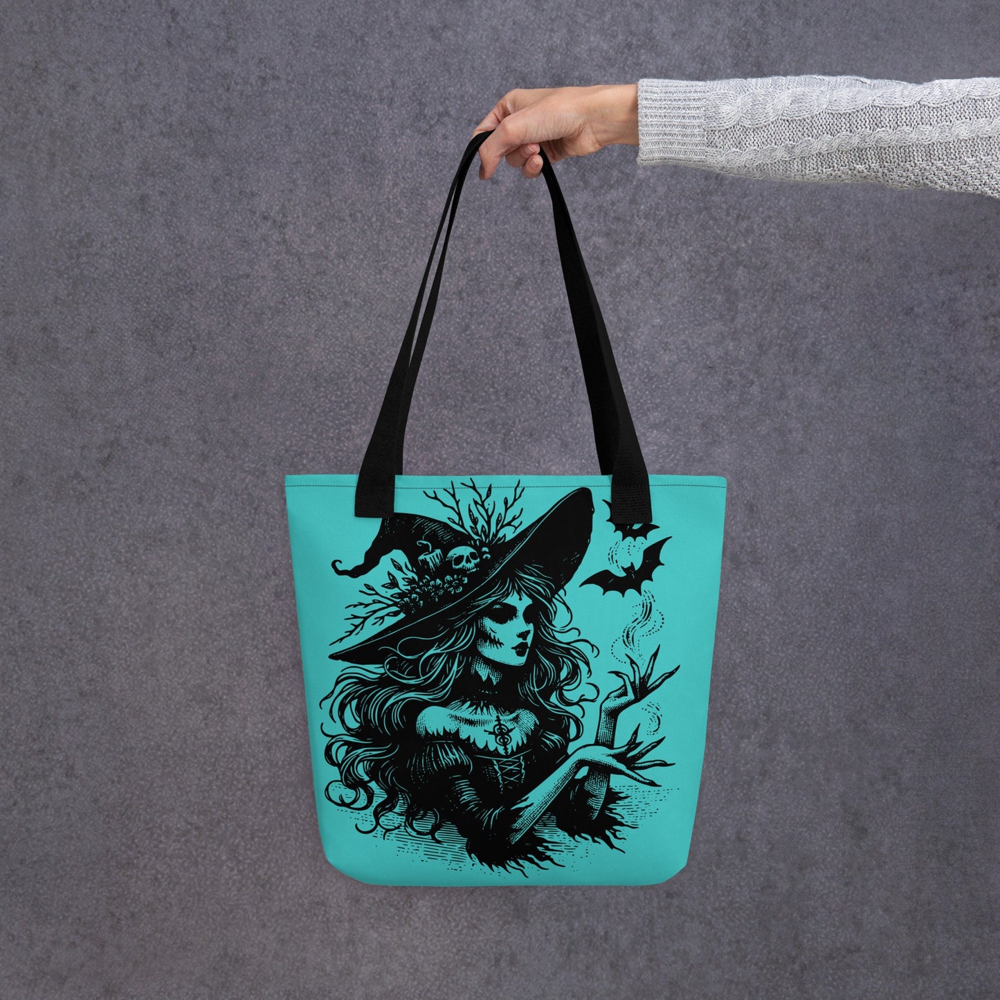 AQUA Gothic Grunge Pastel Goth Bats & Witch Tote Bag, Ventcore Darkcore Weird Stuff Dark Aesthetic Halloween Tote Bag