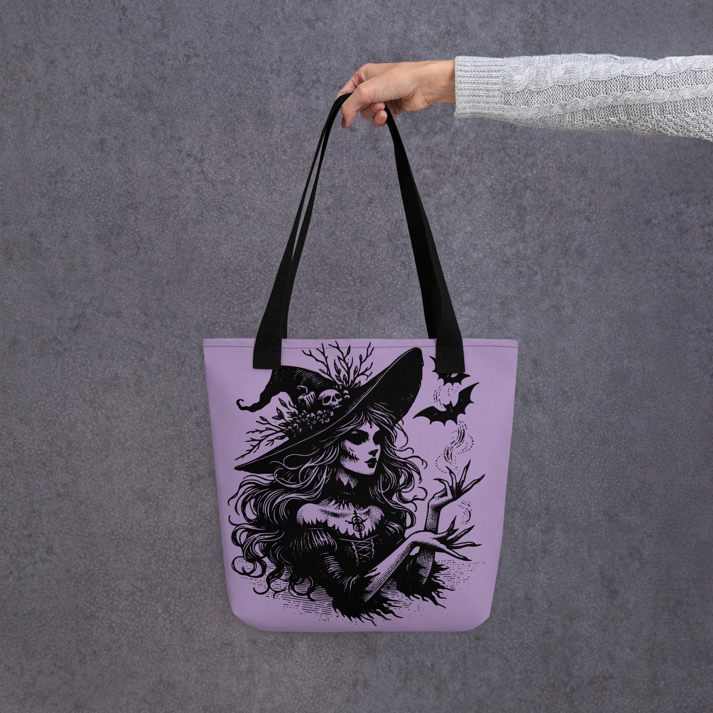 PURPLE Gothic Grunge Pastel Goth Bats & Witch Tote Bag, Ventcore Darkcore Weird Stuff Dark Aesthetic Halloween Tote Bag
