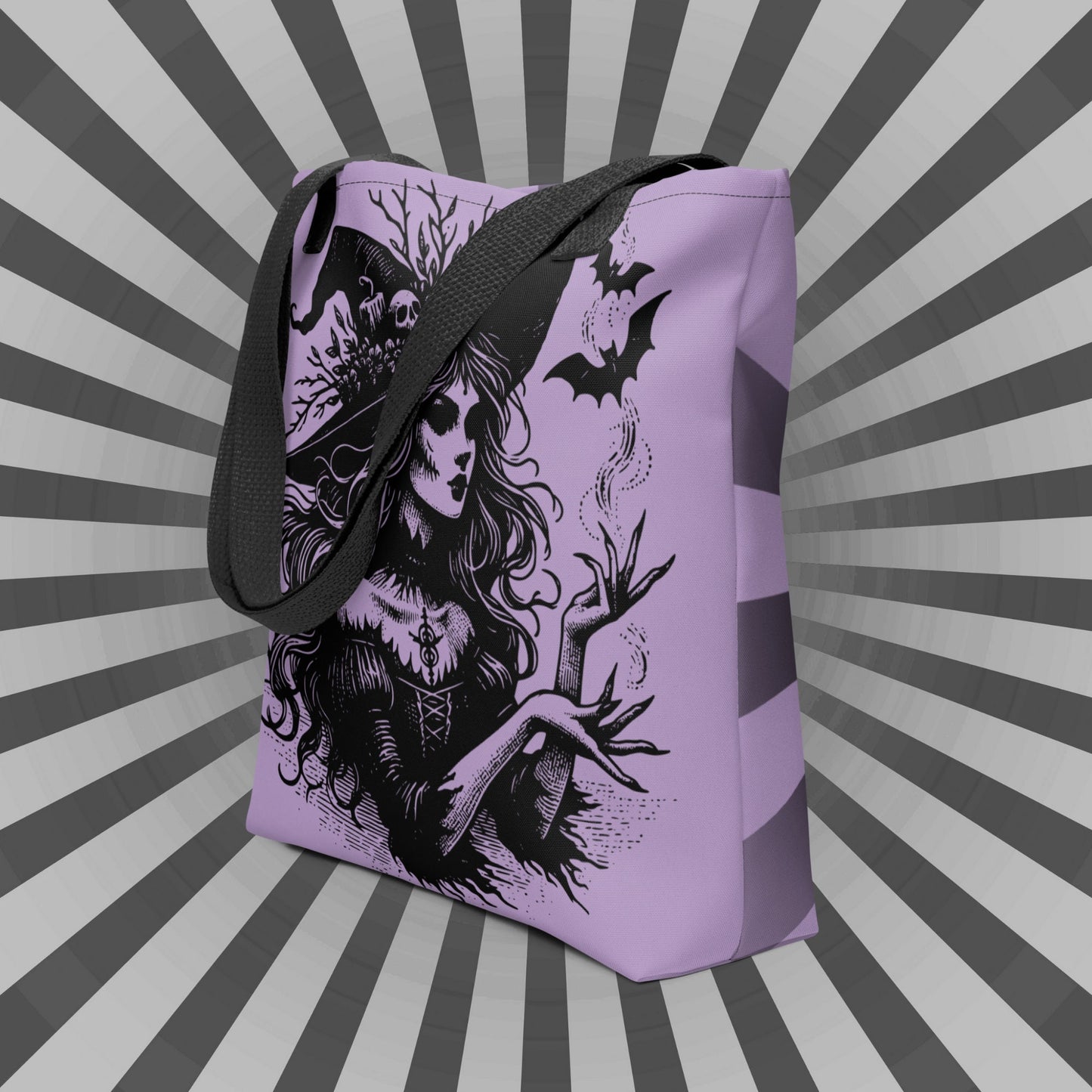 PURPLE Gothic Grunge Pastel Goth Bats & Witch Tote Bag, Ventcore Darkcore Weird Stuff Dark Aesthetic Halloween Tote Bag
