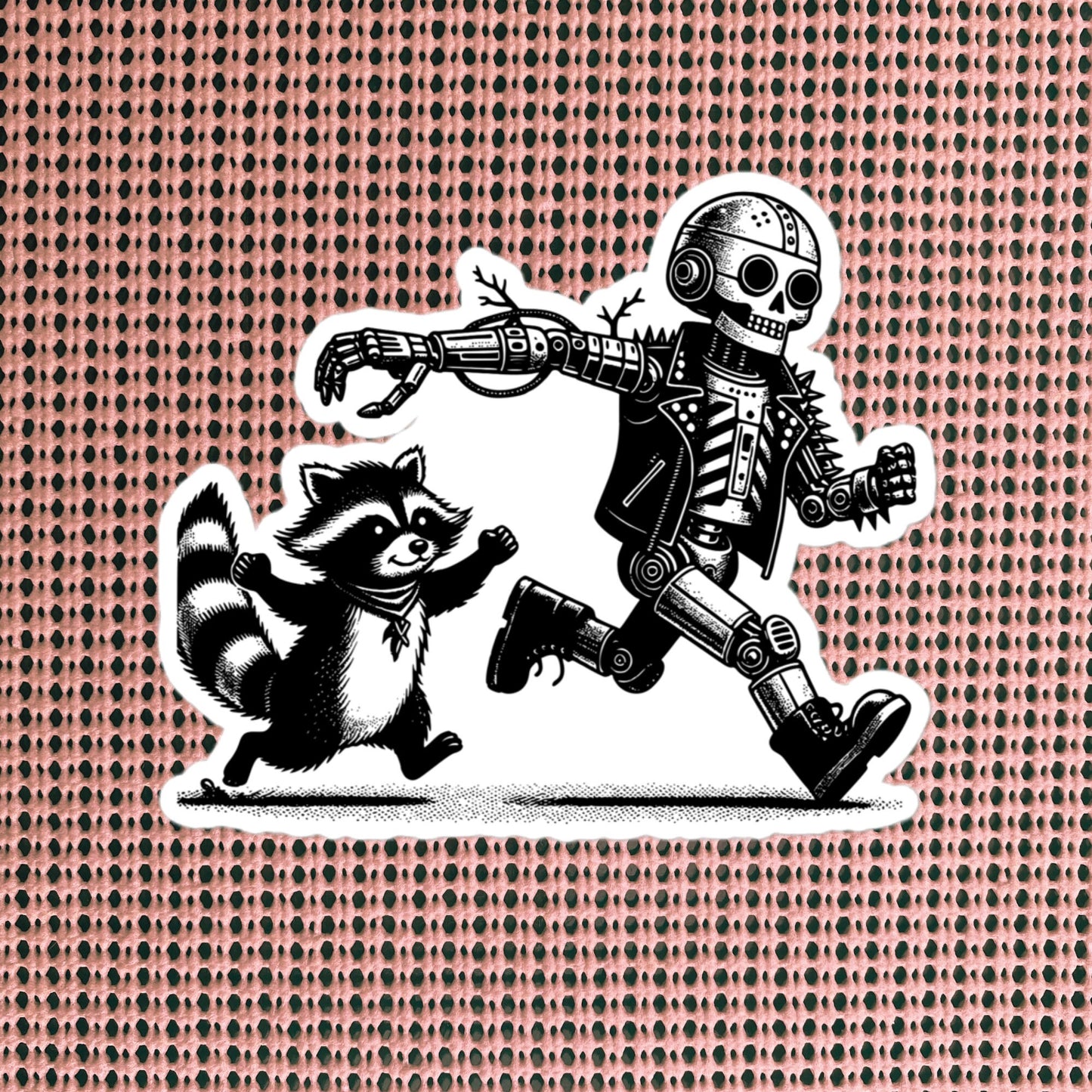 Cyber Goth Punk Raccoon Chasing Robot Sticker, Weirdcore Animal Vinyl Waterproof Weird Sticker for Tumblers, Bumpers, Books & Crafts
