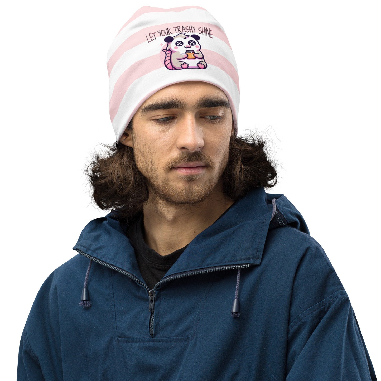 Weirdcore Pastel Goth Grunge Opossum Striped Beanie, Let Your Trashy Shine Oddcore Beanie Hat