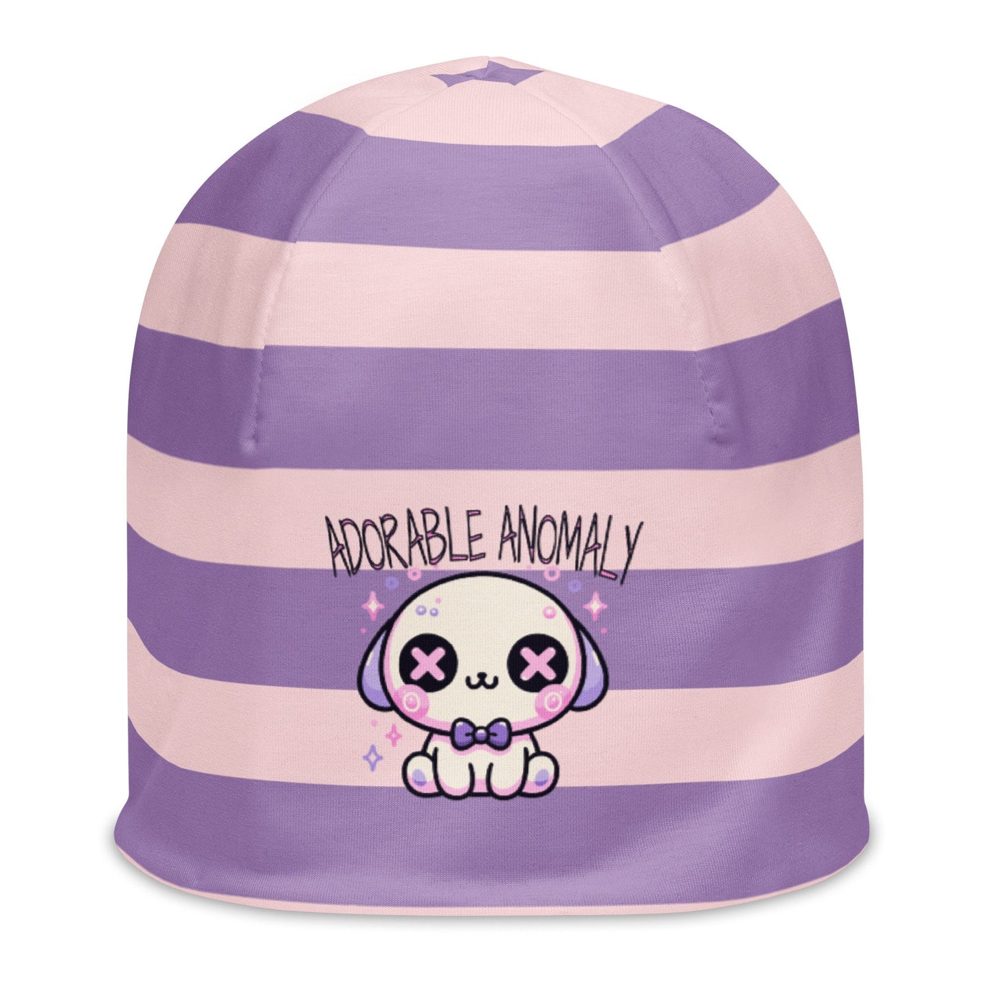 Weirdcore Pastel Goth Grunge Puppy Dog Striped Beanie, Adorable Anomaly Oddcore Beanie Hat