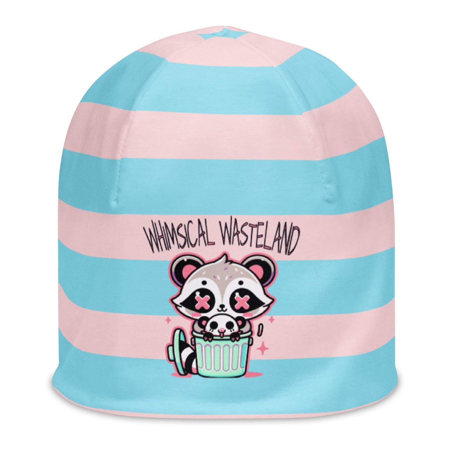 Weirdcore Pastel Goth Grunge Raccoon & Opossum Striped Beanie, Whimsical Wasteland Oddcore Beanie Hat