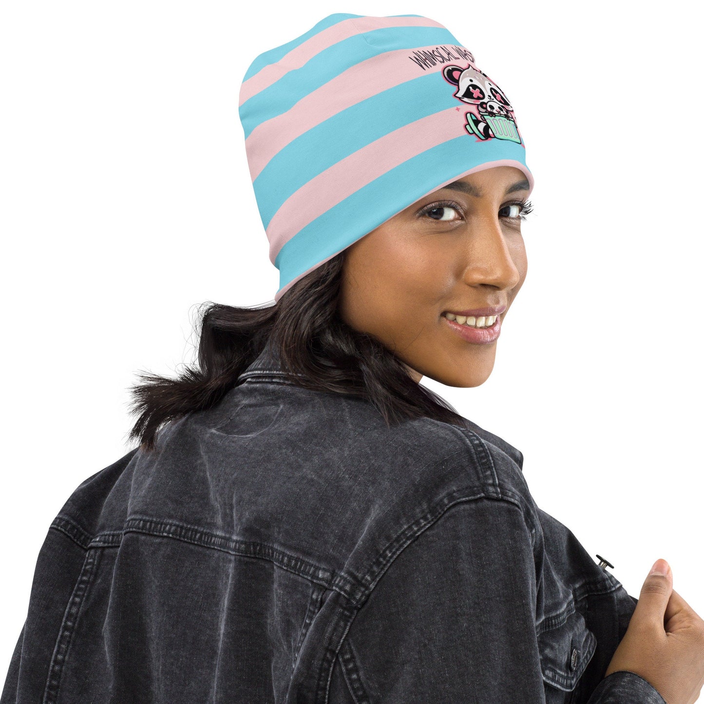 Weirdcore Pastel Goth Grunge Raccoon & Opossum Striped Beanie, Whimsical Wasteland Oddcore Beanie Hat