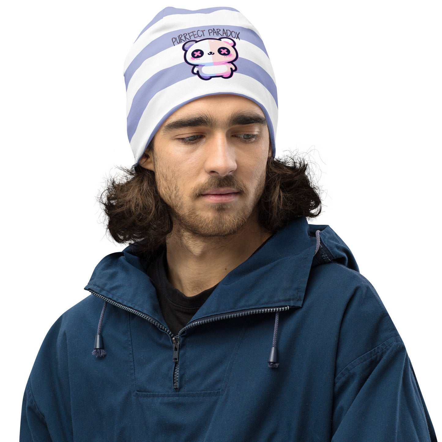 Weirdcore Pastel Goth Grunge Cute Cat Striped Beanie, Purrfect Paradox Oddcore Beanie Hat