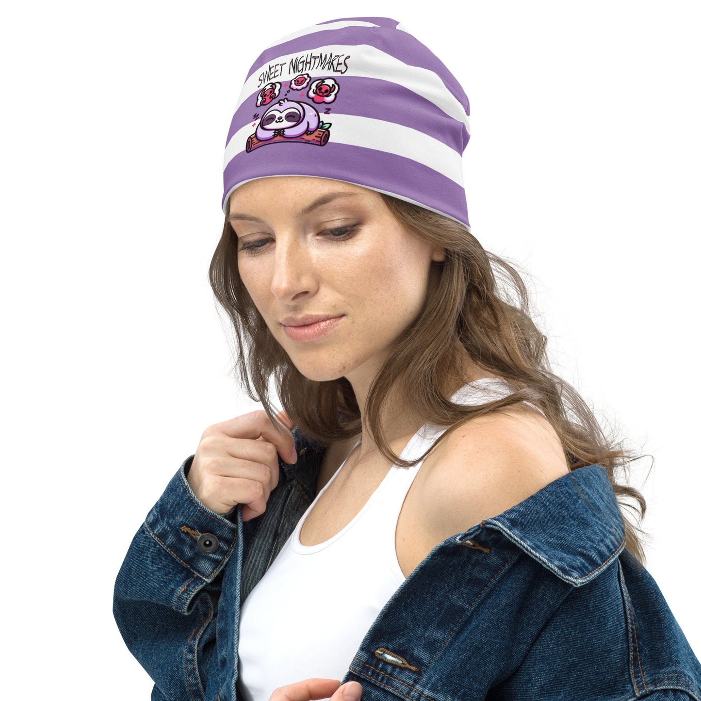 Cute Weirdcore Pastel Goth Grunge Sloth Striped Beanie, Sweet Nightmares Oddcore Beanie Hat