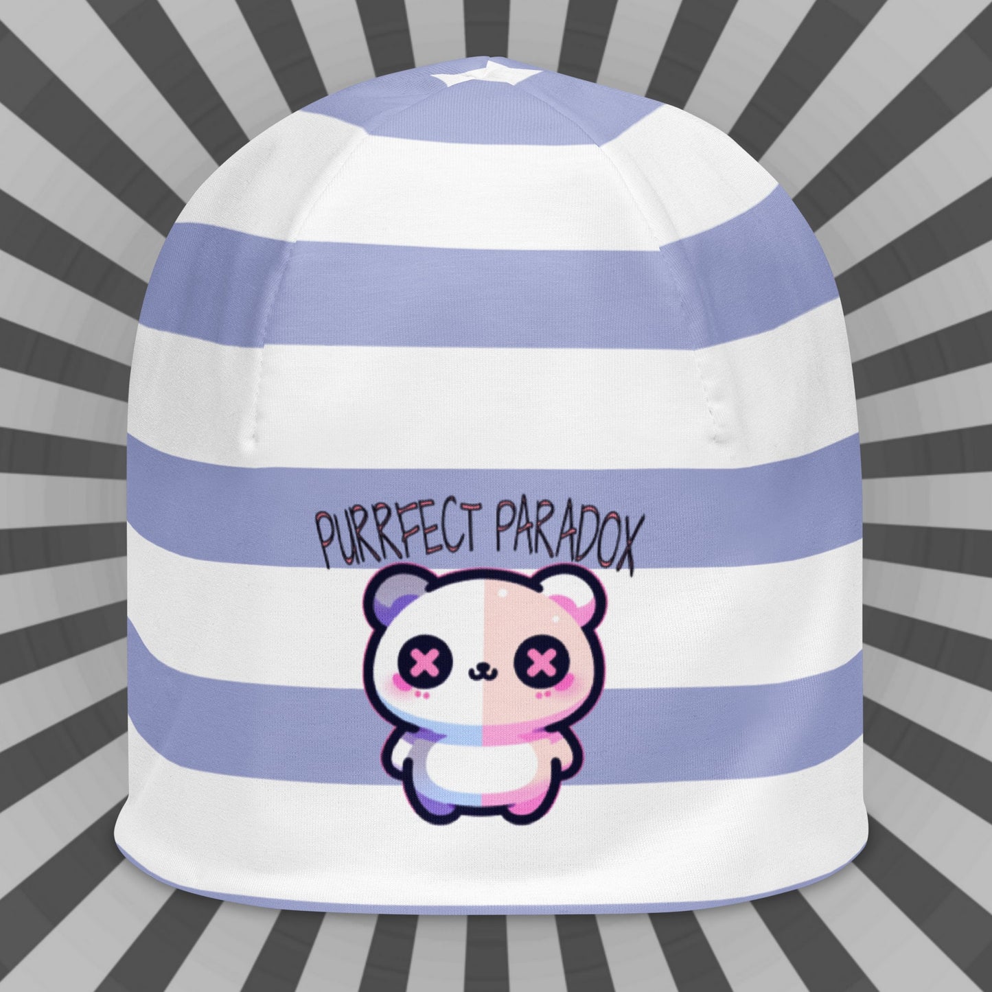 Weirdcore Pastel Goth Grunge Cute Cat Striped Beanie, Purrfect Paradox Oddcore Beanie Hat