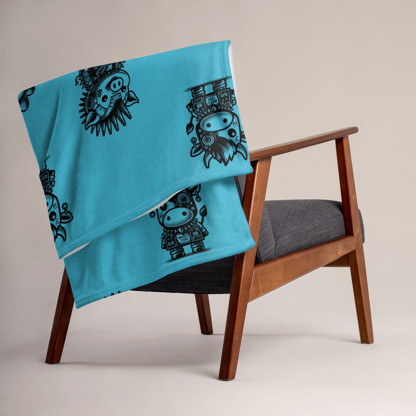 AQUA BLUE Gothic Cyborg Farm Animals Throw Blanket Steampunk Cow, Chicken, Pig Throw Blanket Grunge Decor