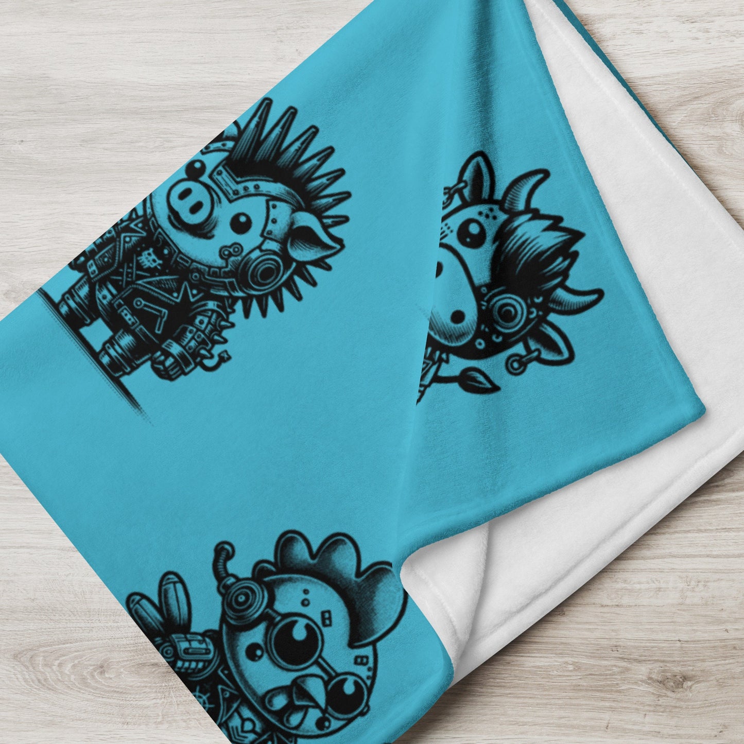 AQUA BLUE Gothic Cyborg Farm Animals Throw Blanket Steampunk Cow, Chicken, Pig Throw Blanket Grunge Decor
