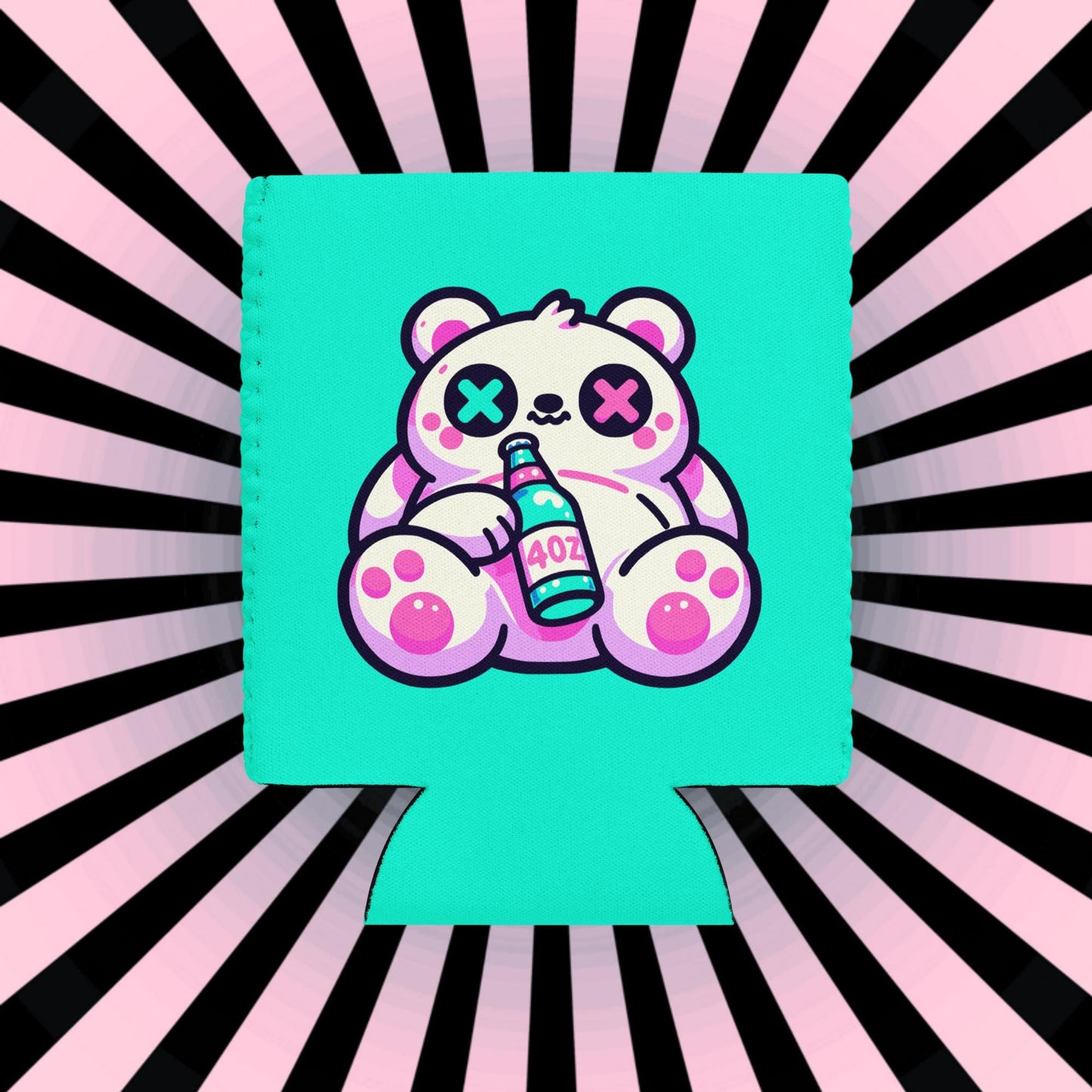 Weirdcore Fuzzy & Faded Bear Neon Goth Can Cooler Cozie Weird Grunge Bear Koozie