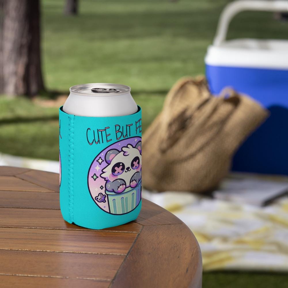 Pastel Goth Weirdcore Cute But Feral Beer Cozie Grunge Raccoon Can Cooler Koozie
