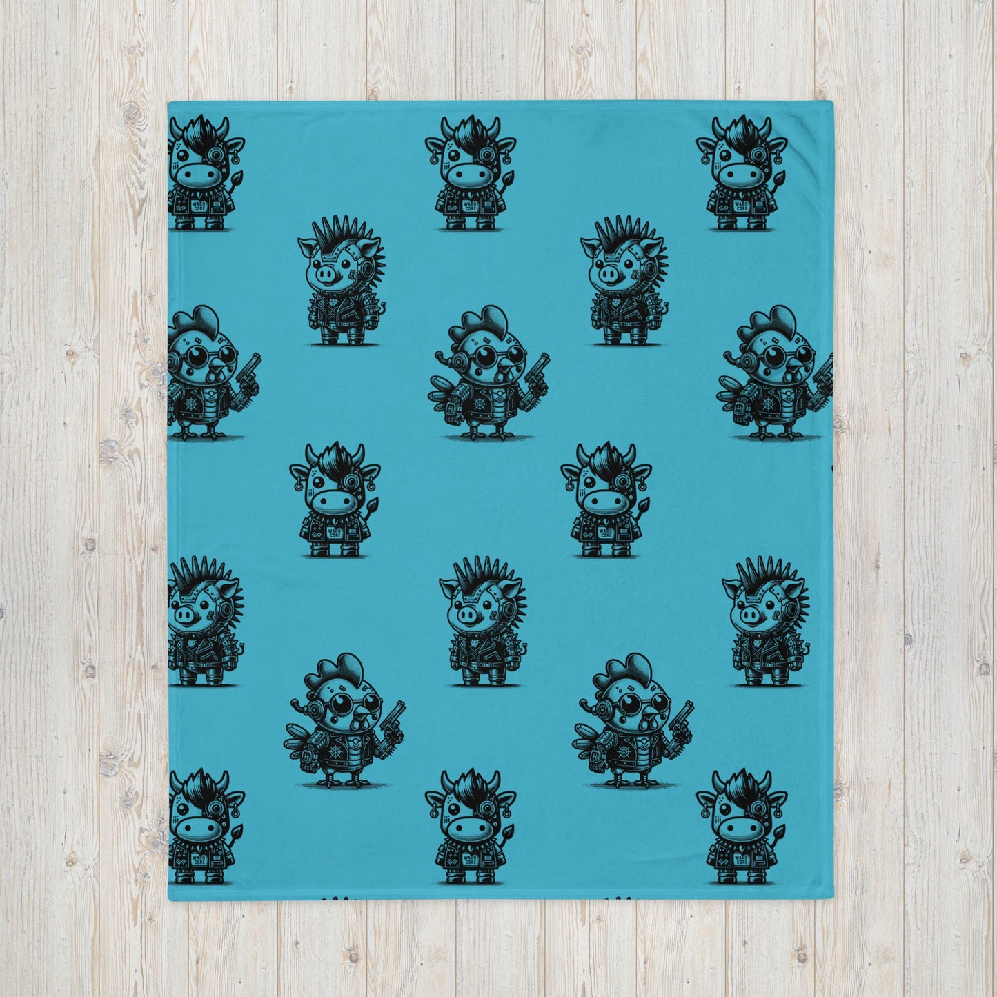 AQUA BLUE Gothic Cyborg Farm Animals Throw Blanket Steampunk Cow, Chicken, Pig Throw Blanket Grunge Decor