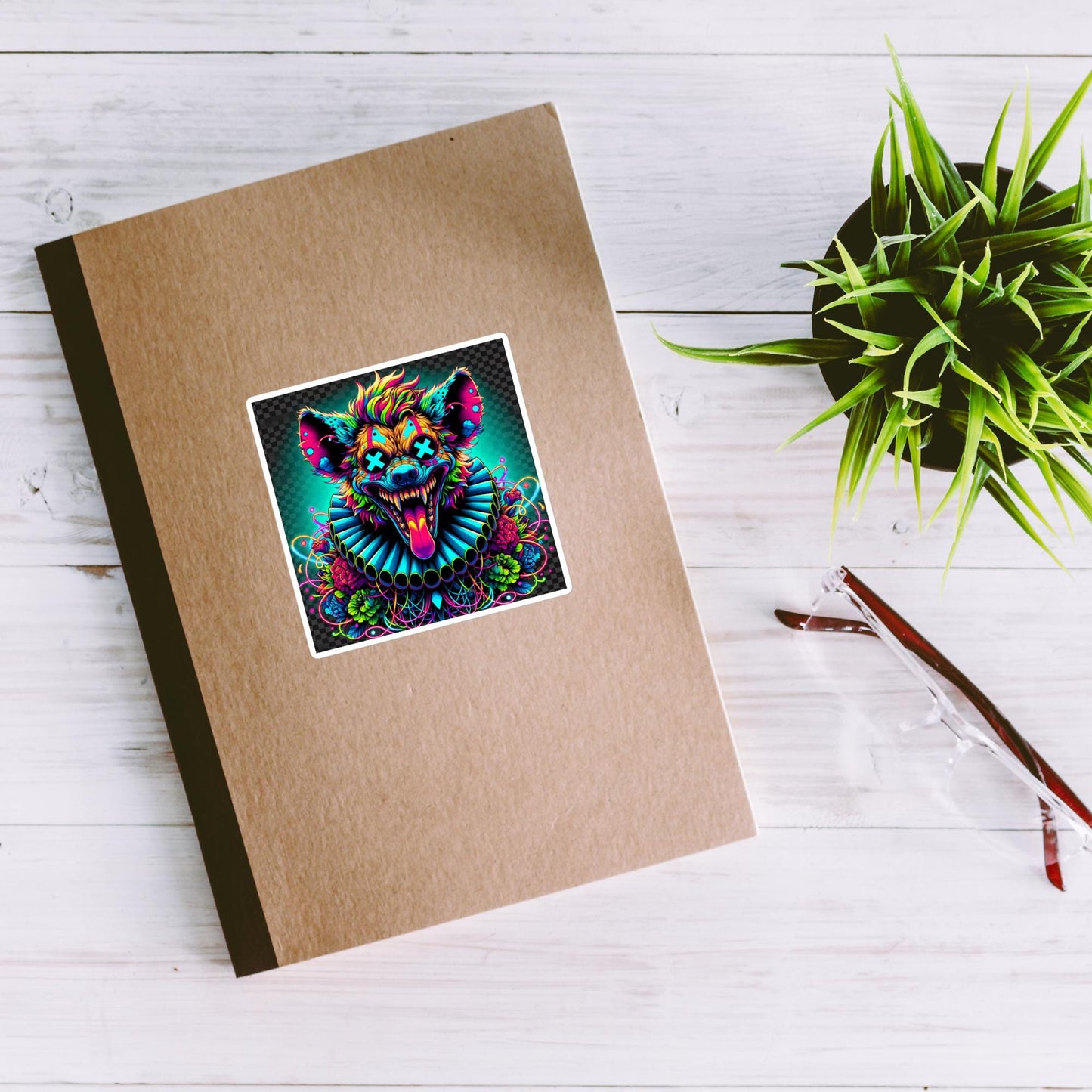 Square Neon Goth Weird Evil Clown Hyena Vinyl Sticker Weirdcore Clowncore Creepy Animal Grunge Goth Waterproof Sticker