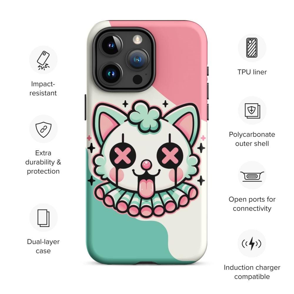 Creepy Cute Weirdcore Clown Cat Clowncore Grunge Pastel Goth Tough Case for iPhone® Glossy or Matte