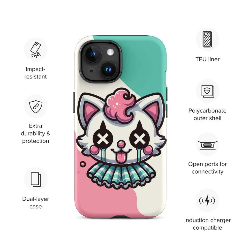 Creepy Cute Weirdcore Kitty Cat Clown Clowncore Grunge Pastel Goth Tough Case for iPhone®