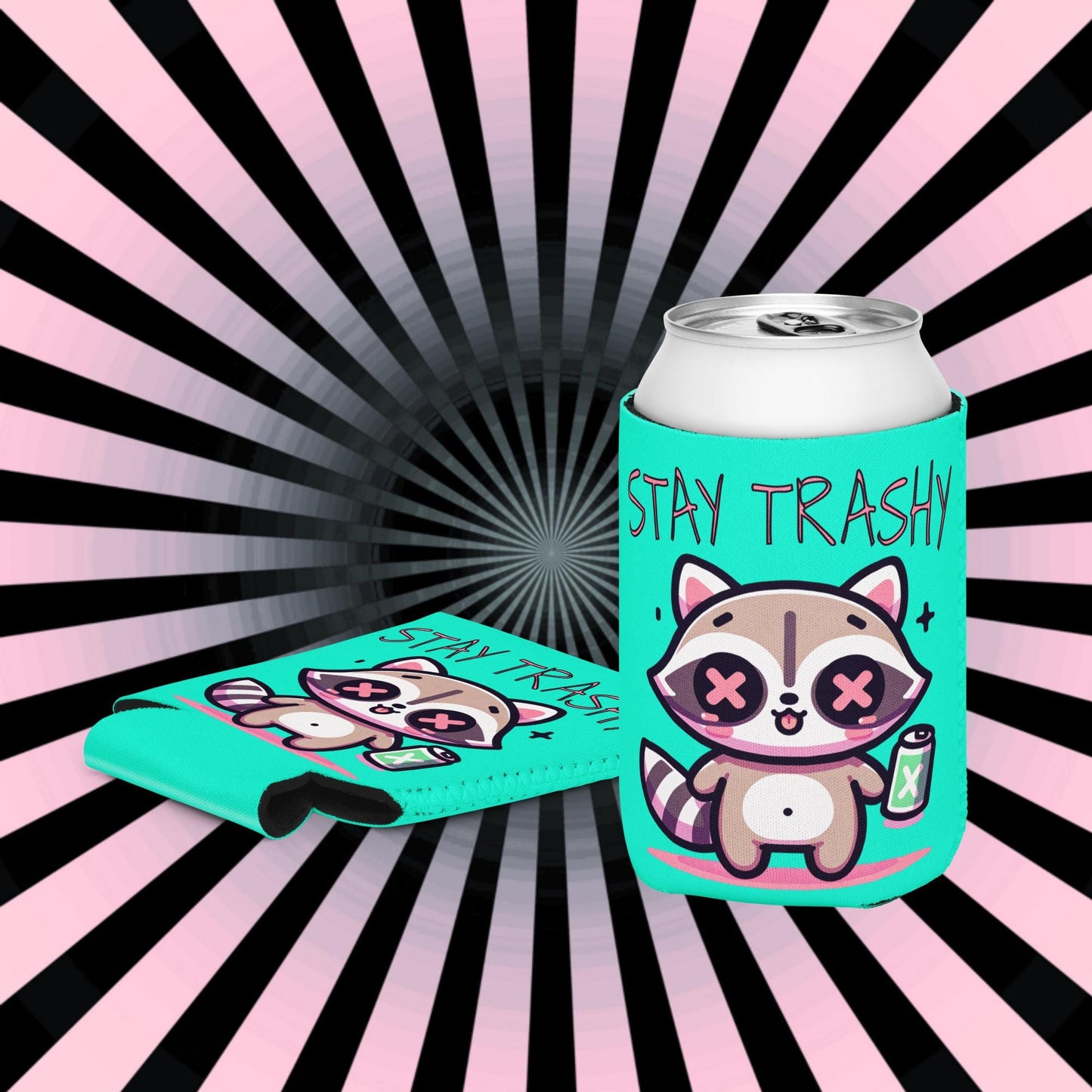Pastel Goth Weirdcore Stay Trashy Beer Cozie Grunge Raccoon Can Cooler Koozie
