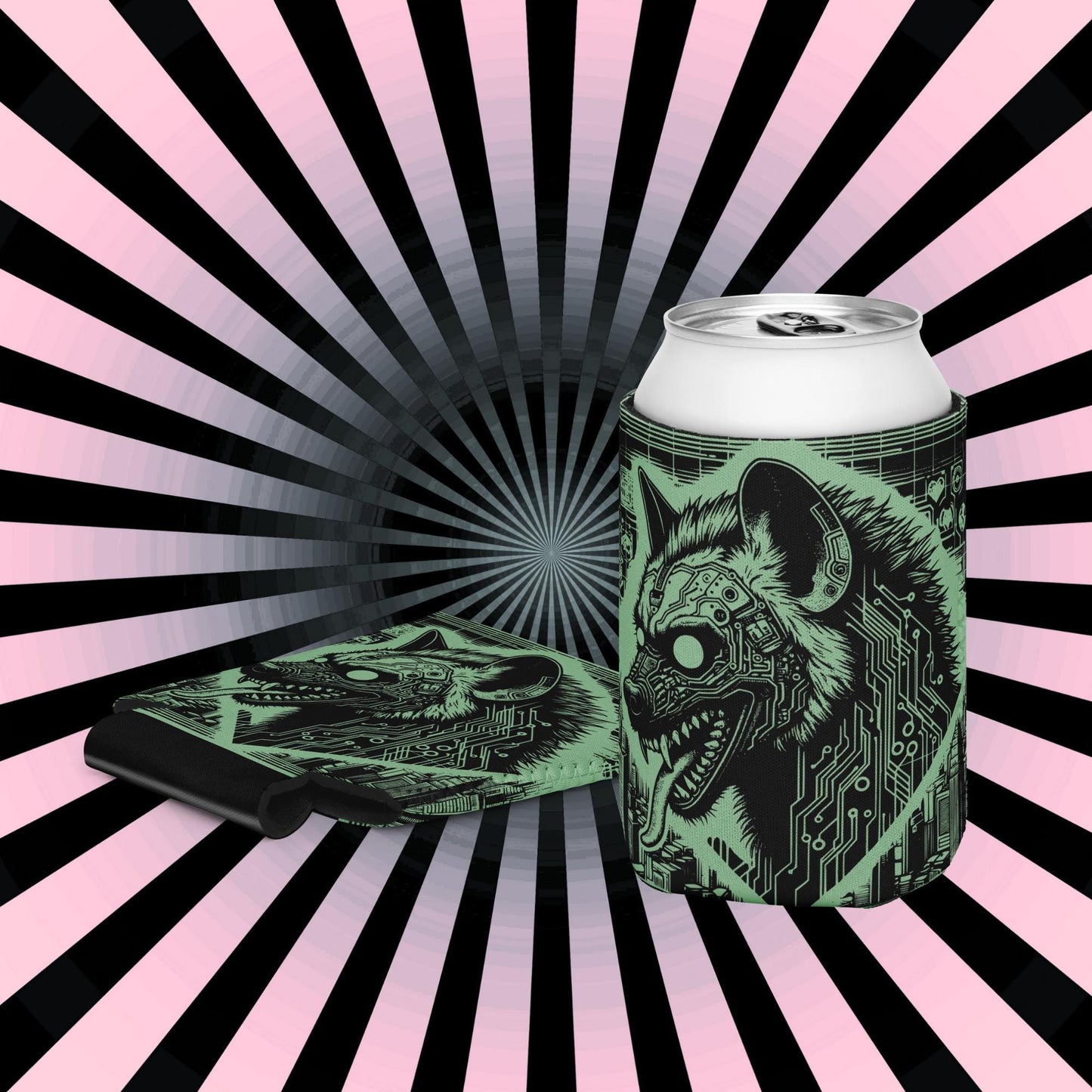 Cyber Hyena Trippy Wired Tech Vision Beer Holder Weirdcore Hyena Coozie