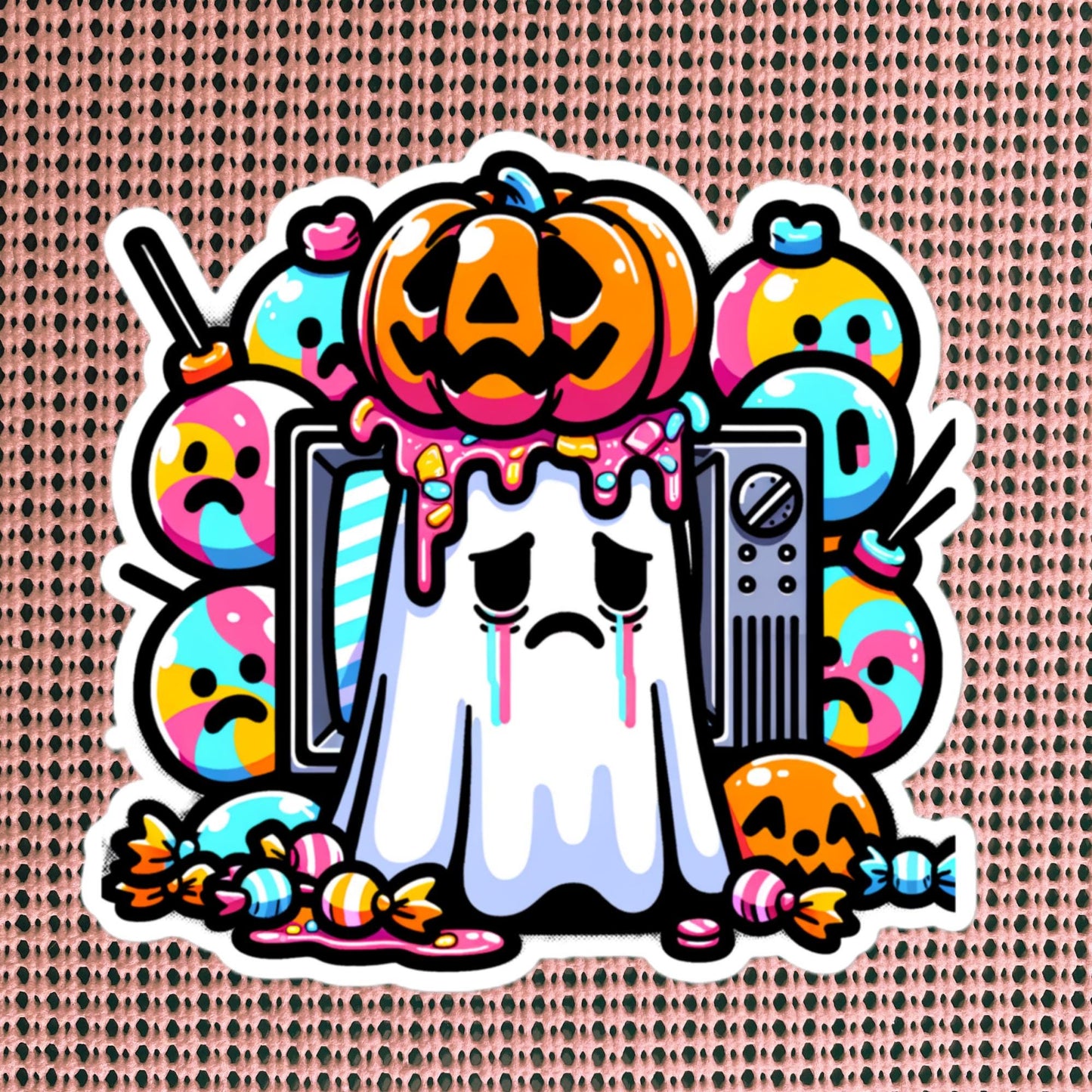 Weirdcore Ghost with Pumpkin on Head Television Halloween Vinyl Waterproof Sticker