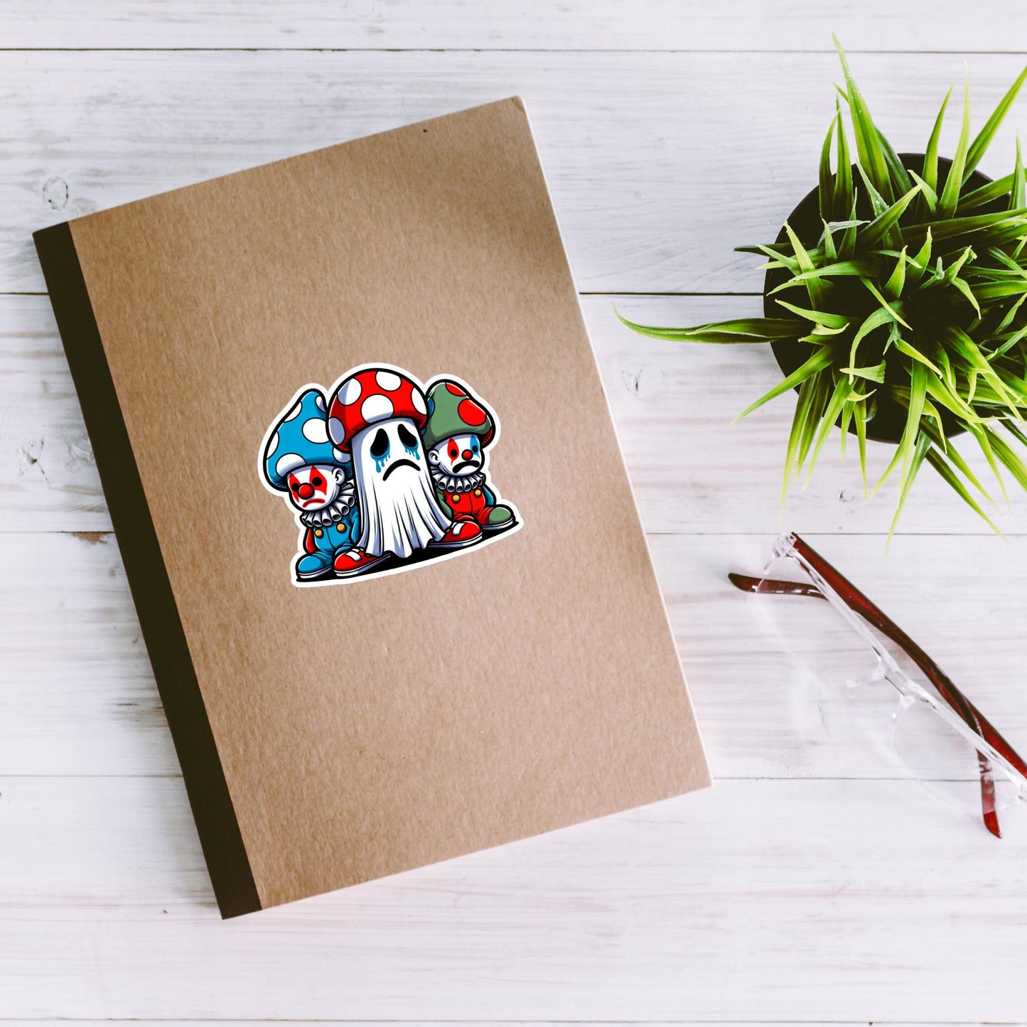Sticker Sad little Clowns and Ghost with Mushroom Hats Weirdcore Clowncore Waterproof Vinyl Sticker