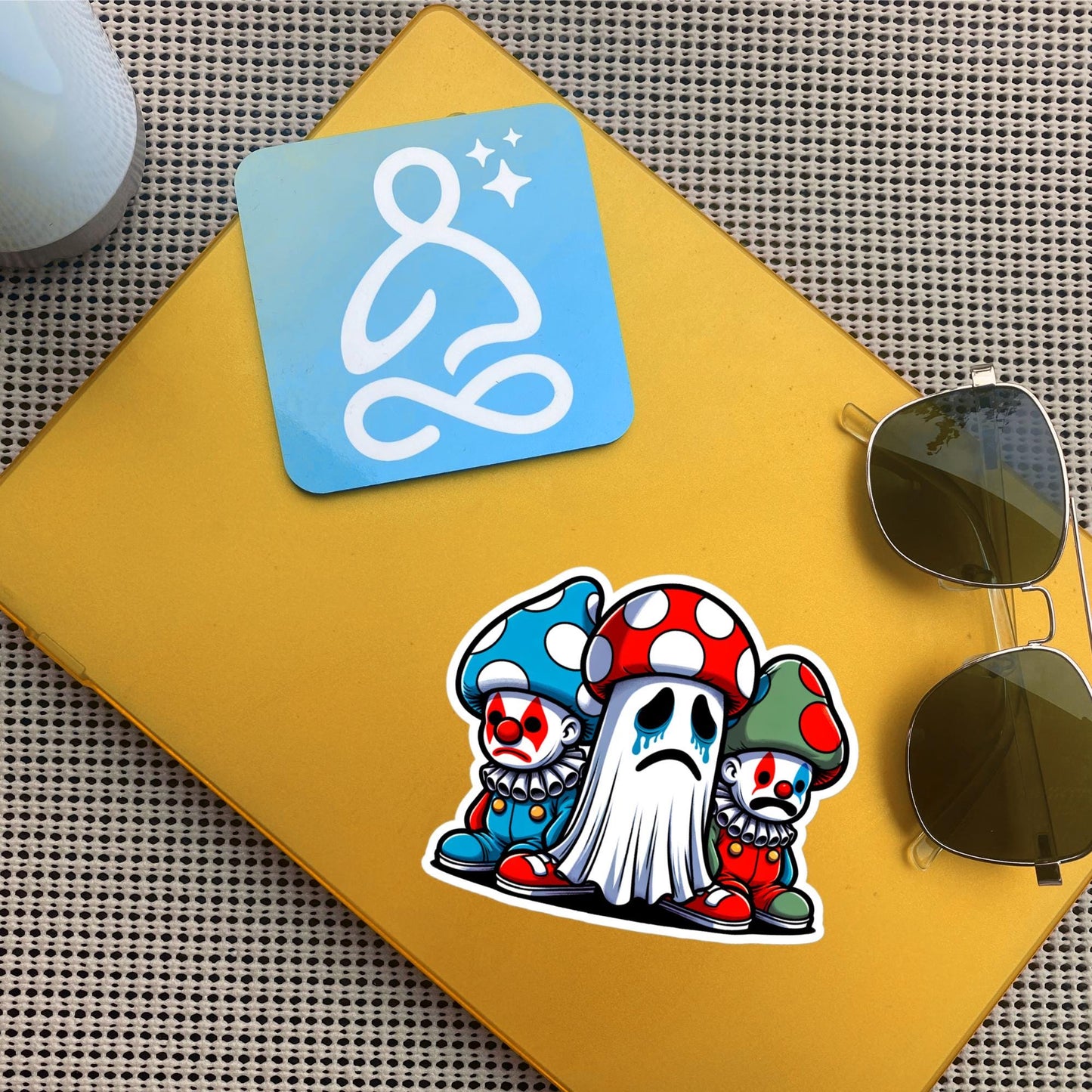 Sticker Sad little Clowns and Ghost with Mushroom Hats Weirdcore Clowncore Waterproof Vinyl Sticker