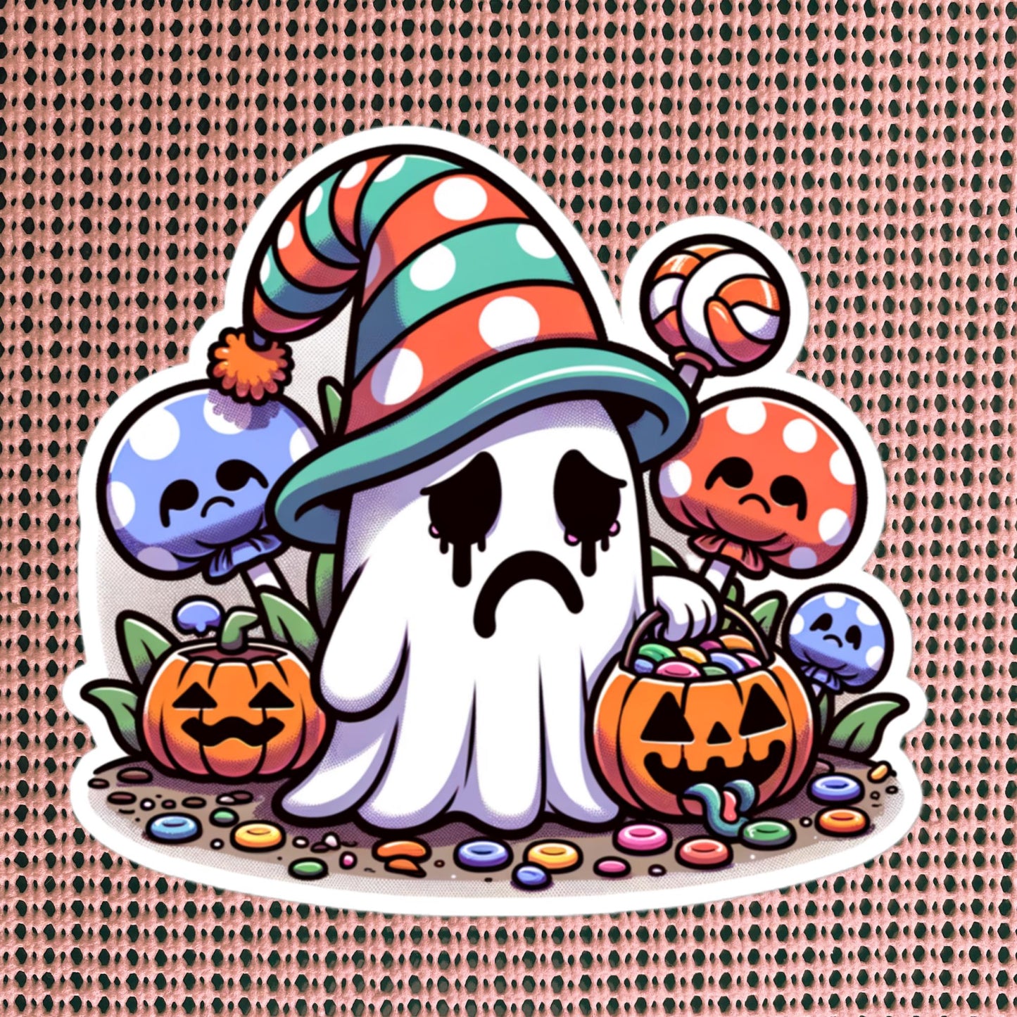 Sticker Depressed Little Halloween Ghost with Candy Waterproof Vinyl Sticker