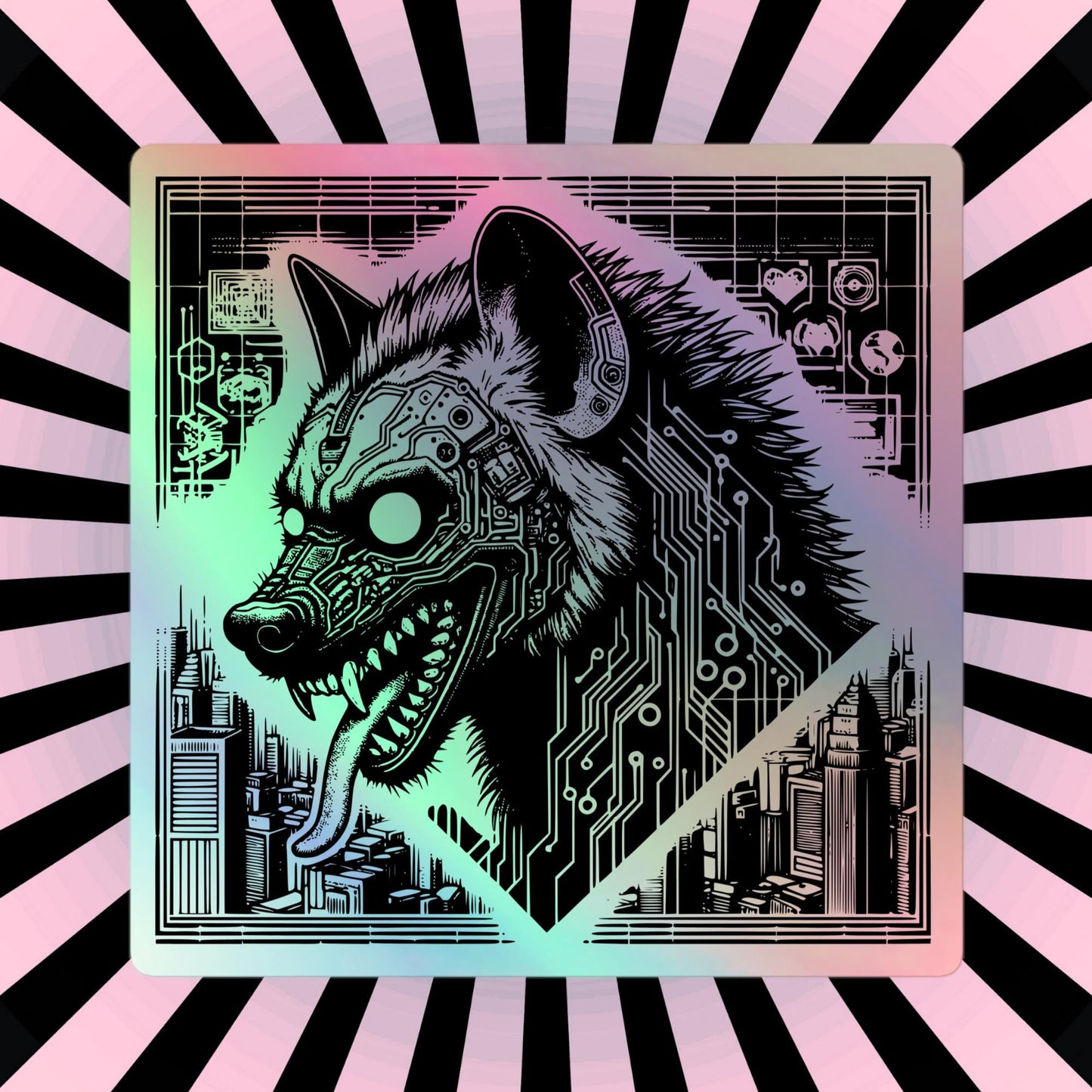 Gothic Grunge Sticker of Dystopian Cyborg Hyena Warcore Weirdcore Cyberpunk Holographic Sticker