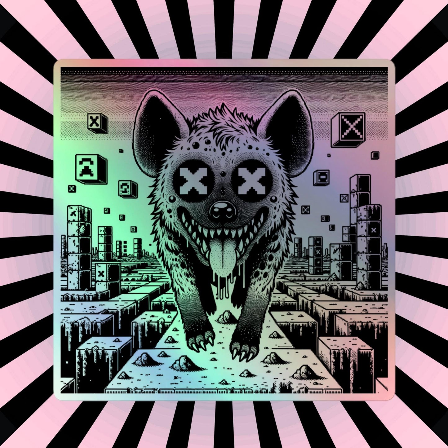 Creepy Cute Pixel Hyena Hologram Sticker Dystopian Futuristic Retro Game Holographic sticker