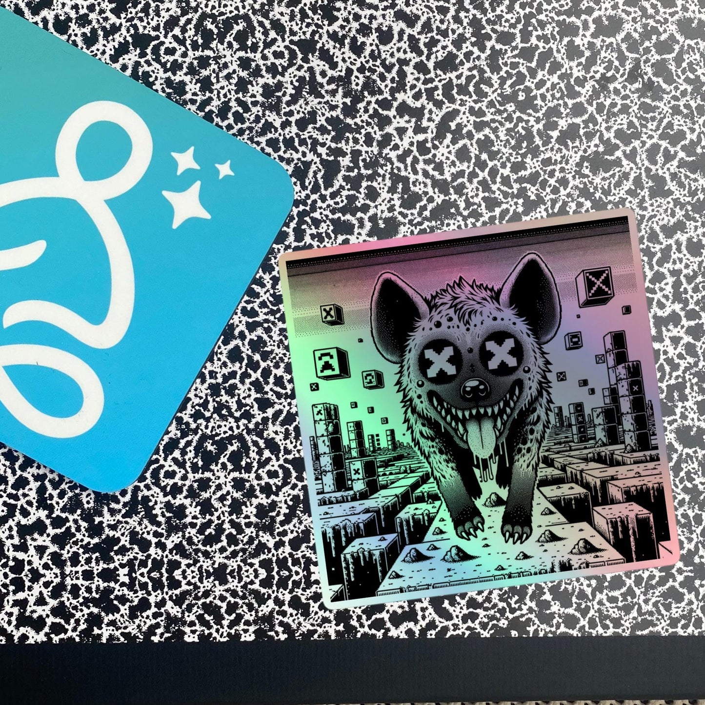 Creepy Cute Pixel Hyena Hologram Sticker Dystopian Futuristic Retro Game Holographic sticker