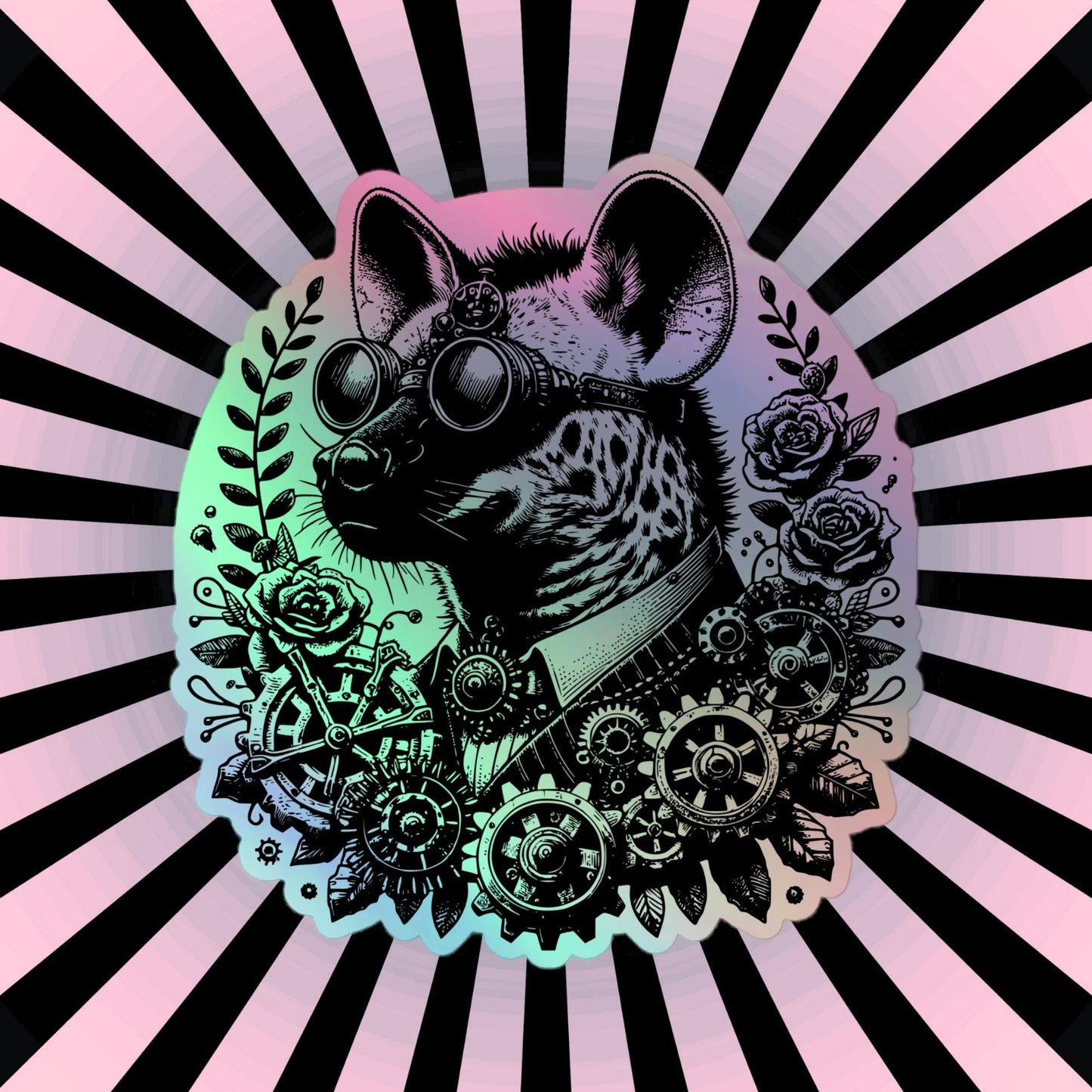 Weirdcore Steampunk Spotted Hyena Hologram Sticker Oddcore Grunge Goth Holographic sticker