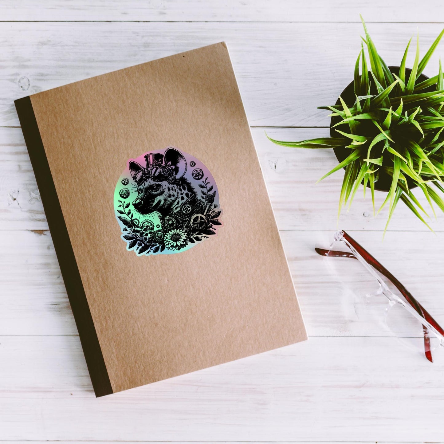 Weirdcore Steampunk Cyber Spotted Hyena Hologram Sticker Oddcore Grunge Goth Holographic sticker