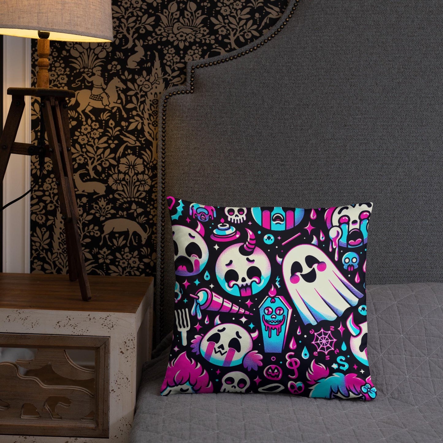 Creepy Cute Ghosts Coffin Bubble Goth Throw Pillow Neon Gothic Weirdcore Decorative Pillow