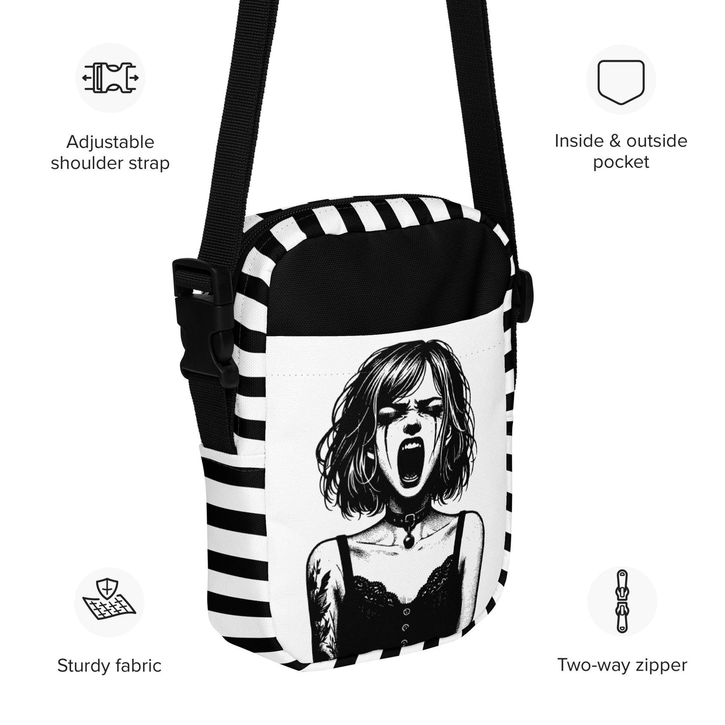 Gothic Girl Screaming Crossbody Bag Ventcore Outcry Utility Purse Goth Punk Grunge Shoulder Bag