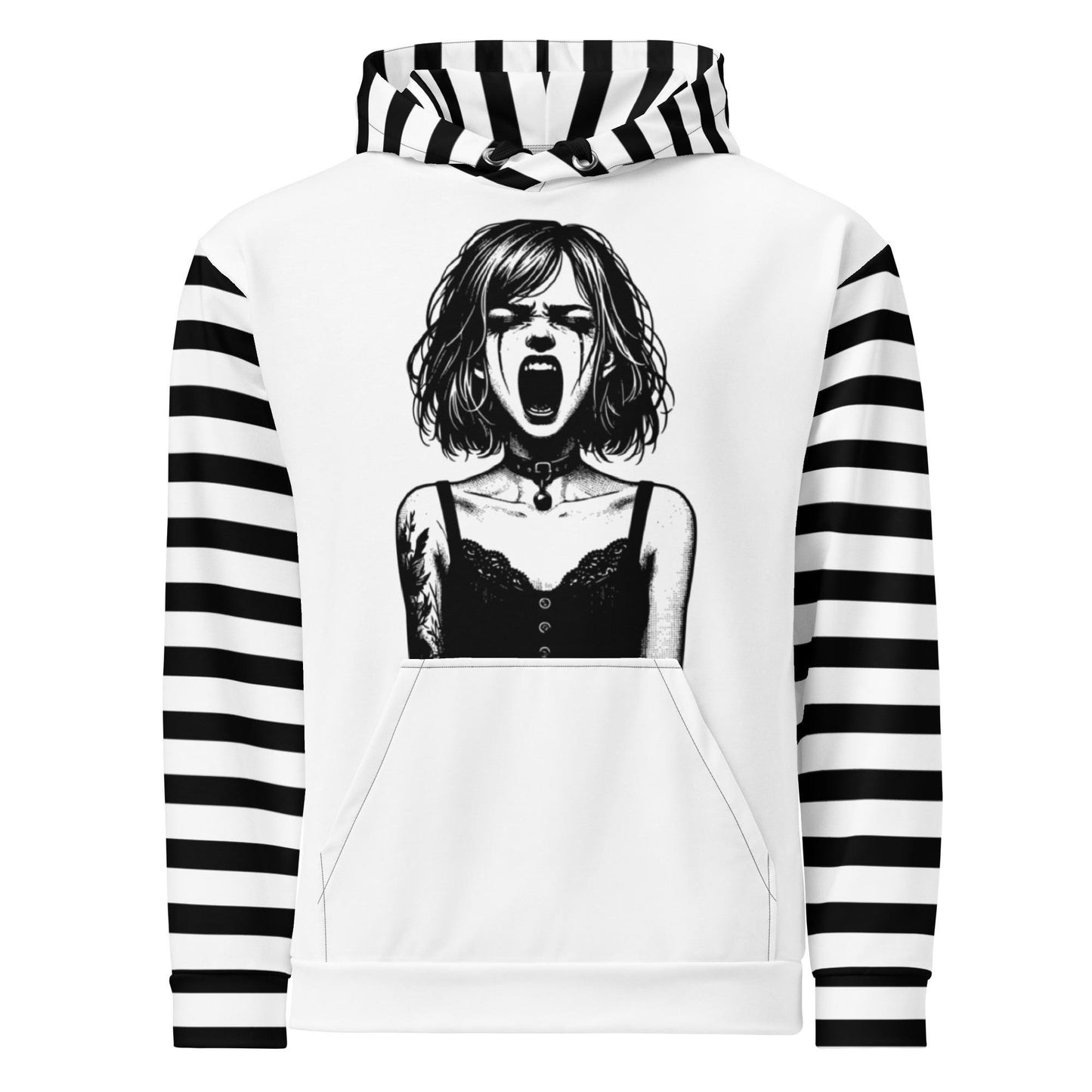 Black and White Screaming Gothic Girl Striped Pastel Goth Grunge Y2K Long Sleeve Unisex Hoodie
