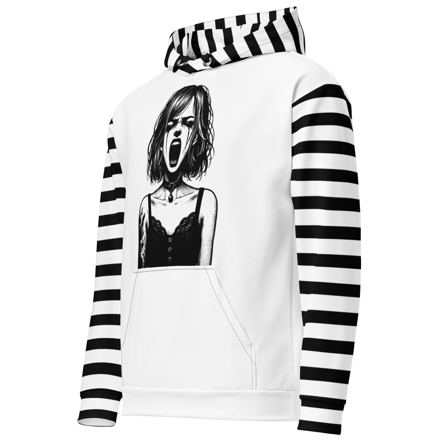 Black and White Screaming Gothic Girl Striped Pastel Goth Grunge Y2K Long Sleeve Unisex Hoodie