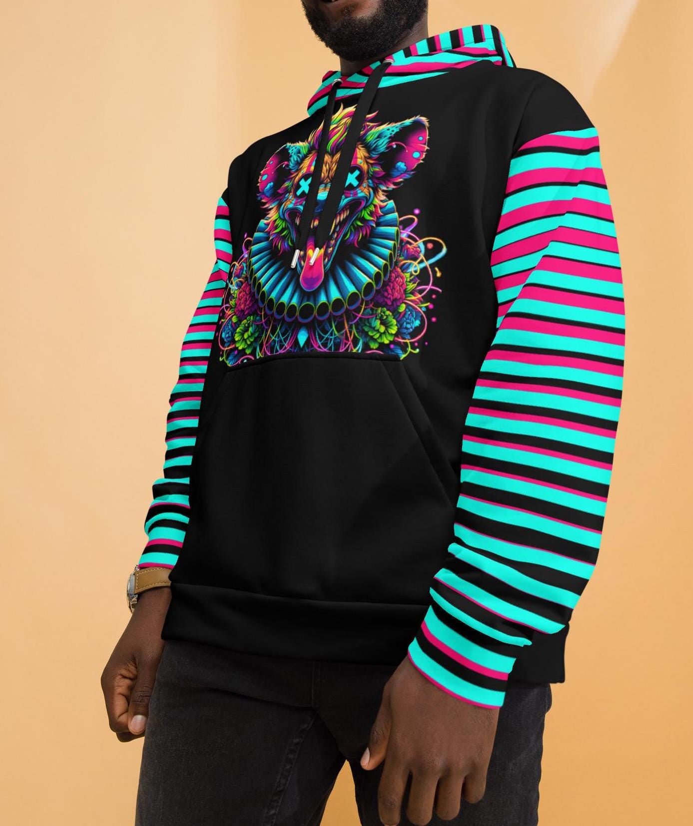 Striped Creepy Neon Goth Weirdcore Hyena Clown Graphic Unisex Hoodie Y2K Clowncore Grunge Shirt