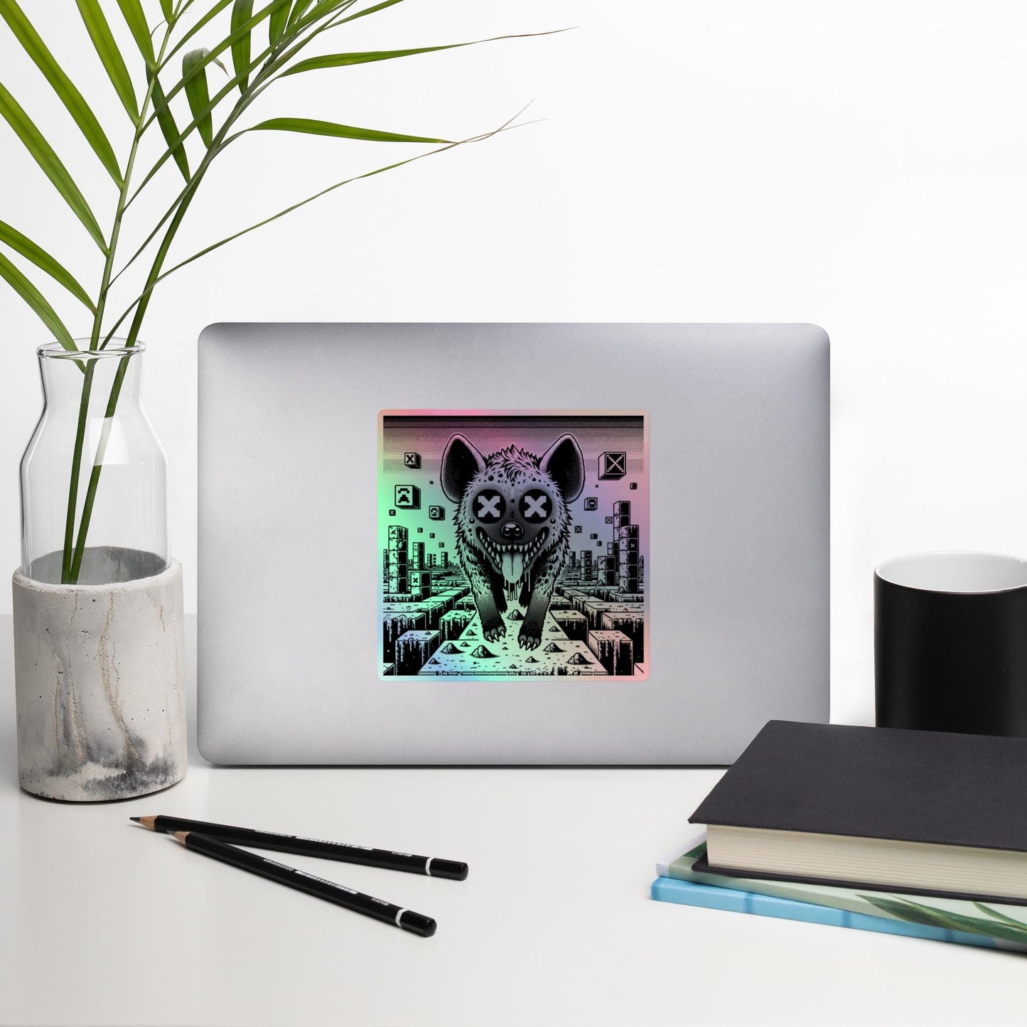 Creepy Cute Pixel Hyena Hologram Sticker Dystopian Futuristic Retro Game Holographic sticker