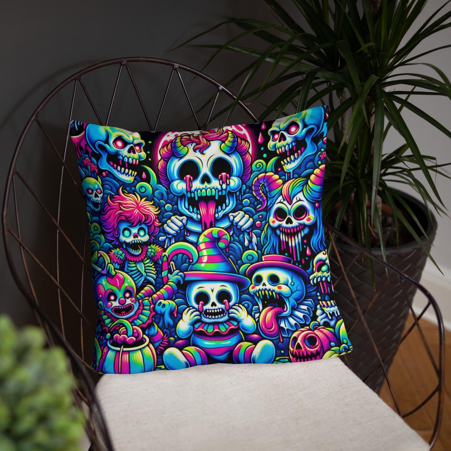 Creepy Cute Weirdcore Clown Sugar Skulls Skeleton and Ghost Decorative Throw Pillow