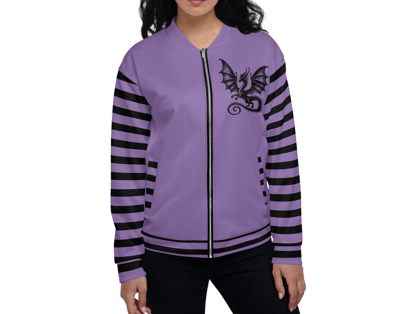 Macabre Gothic Scenery Striped Sleeve Bomber Jacket Gore Pastel Goth Y2K Grunge Dragon Purple Coat